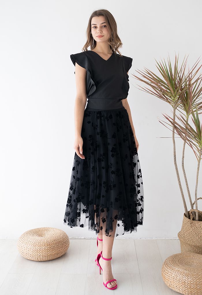 3D Posy Double-Layered Mesh Midi Skirt in Black