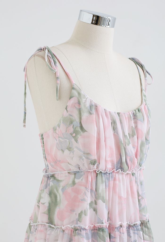 Pastel Flower Ruffle Trim Chiffon Cami Dress - Retro, Indie and