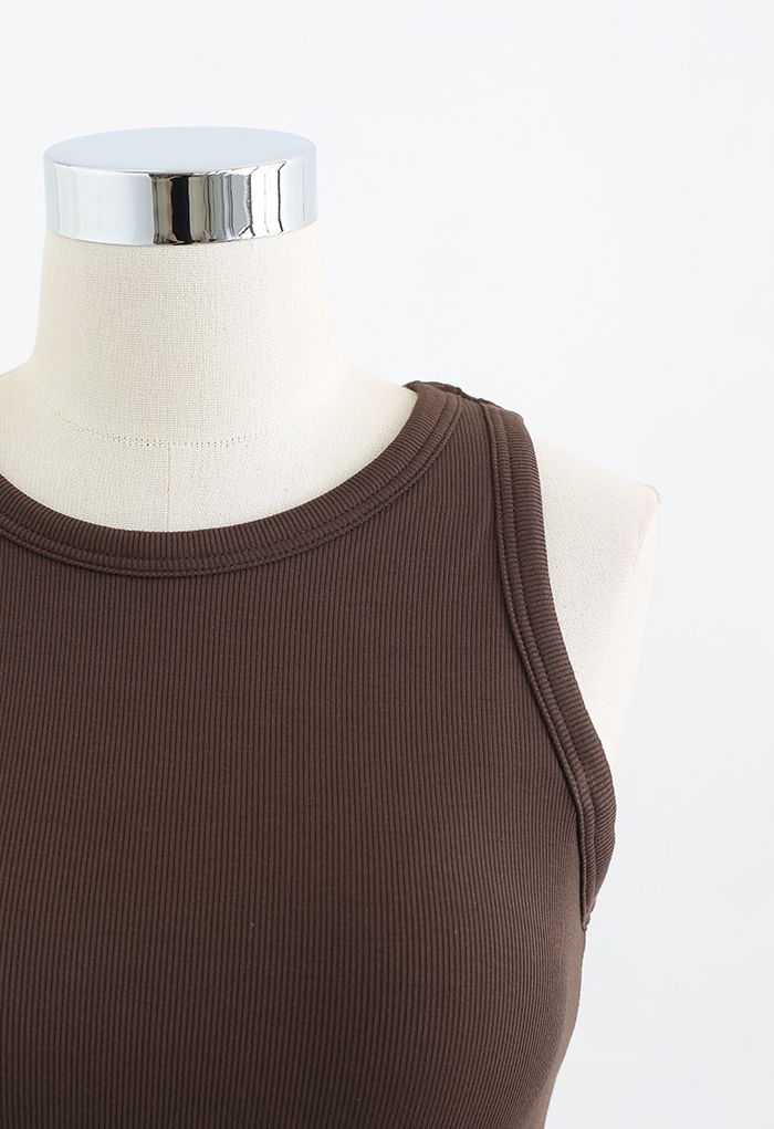 Solid Color Ribbed Tank Top in Brown