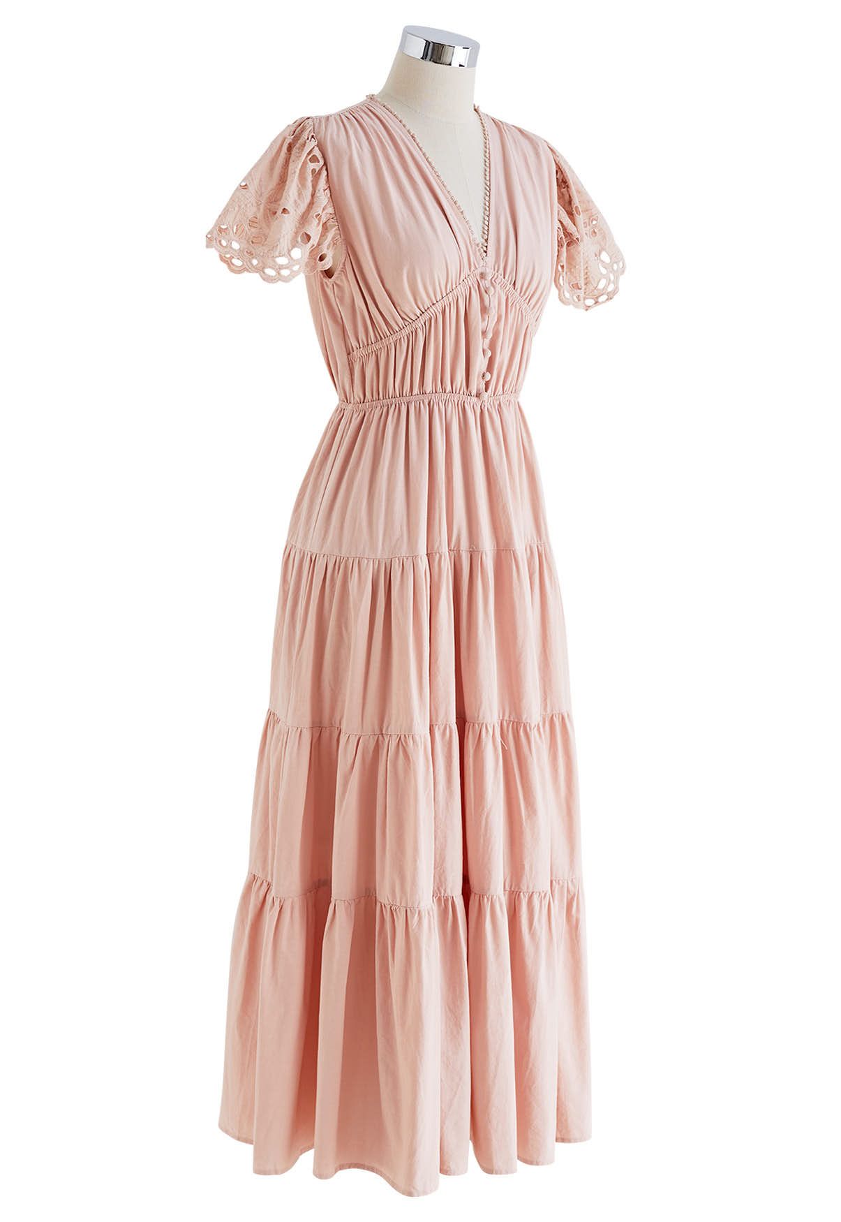 Cutwork Detail V-Neck Cotton Dress in Pink