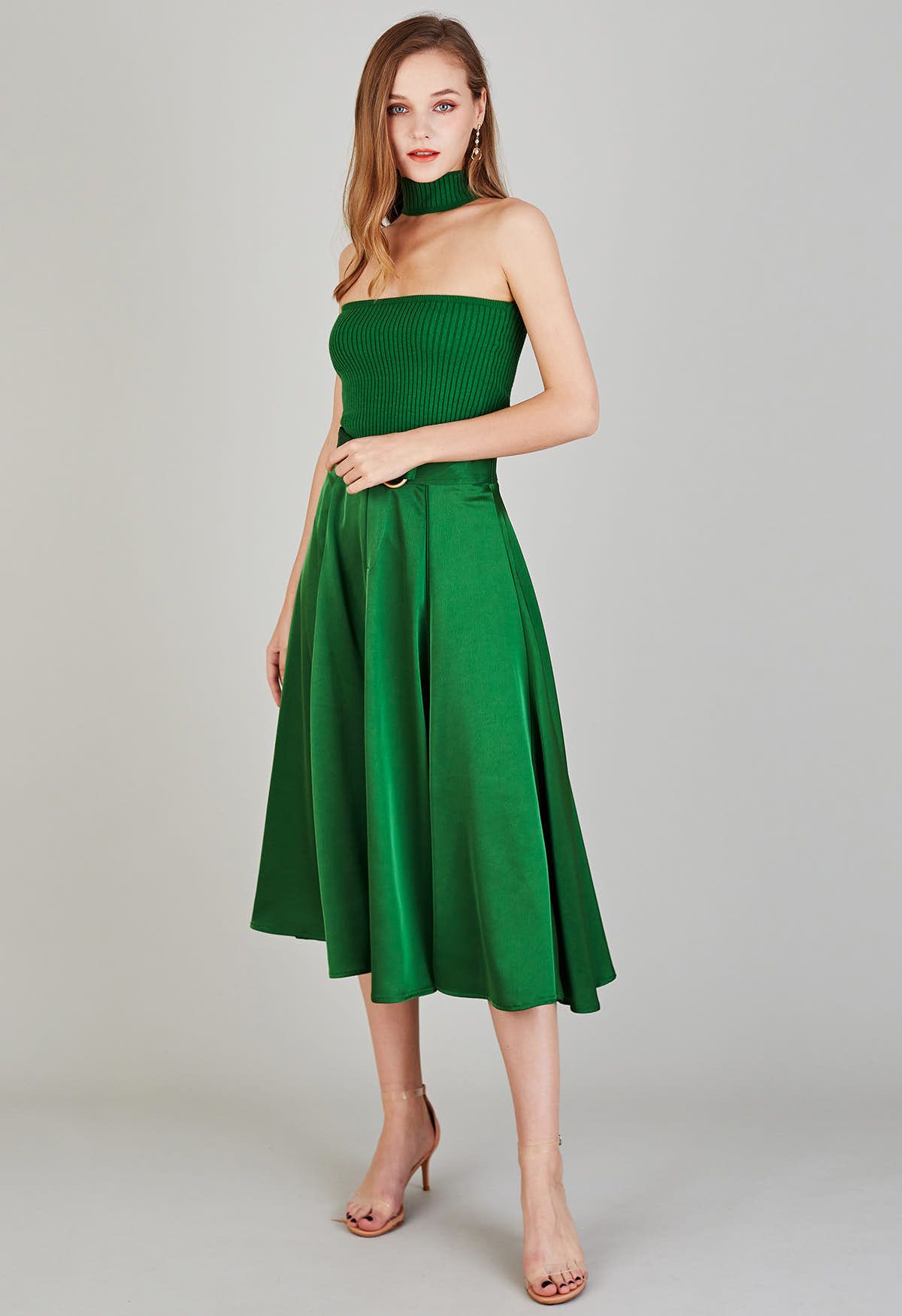 Belt Decorated Flare Satin Midi Skirt in Green