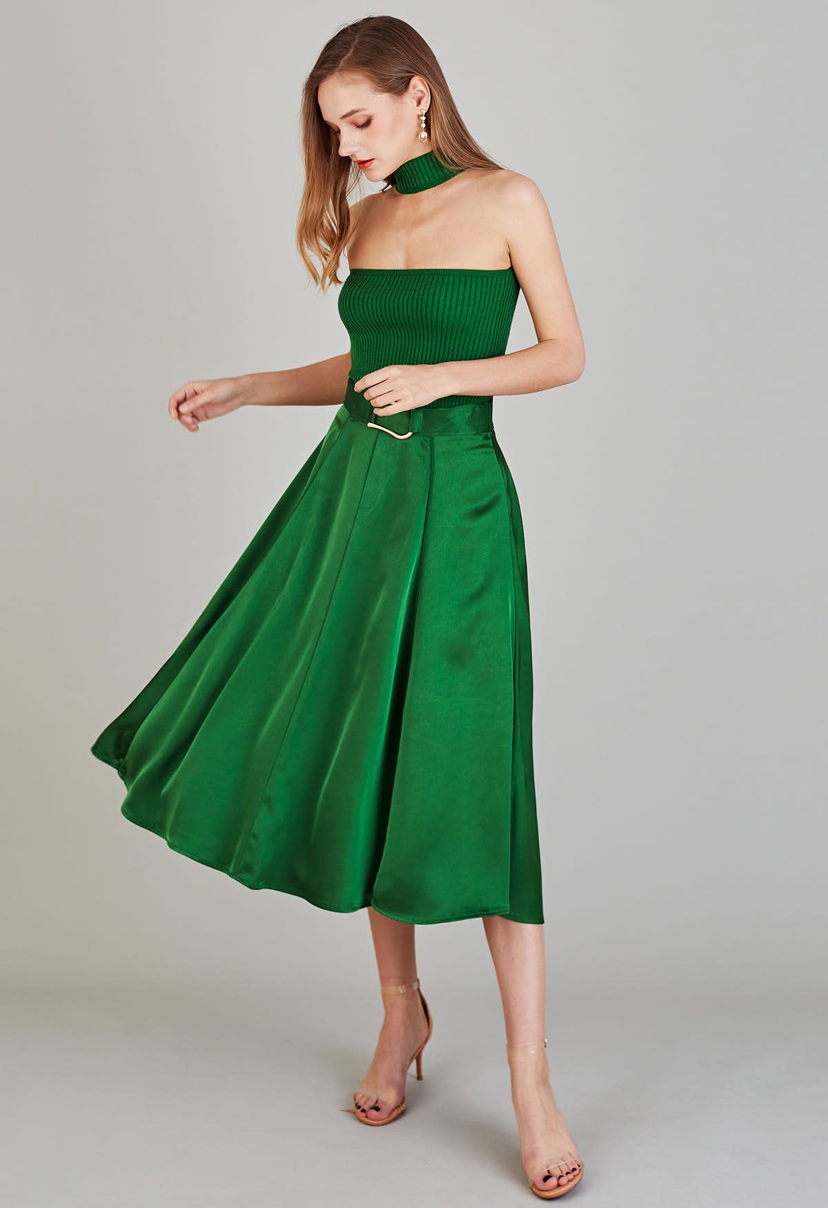 Belt Decorated Flare Satin Midi Skirt in Green