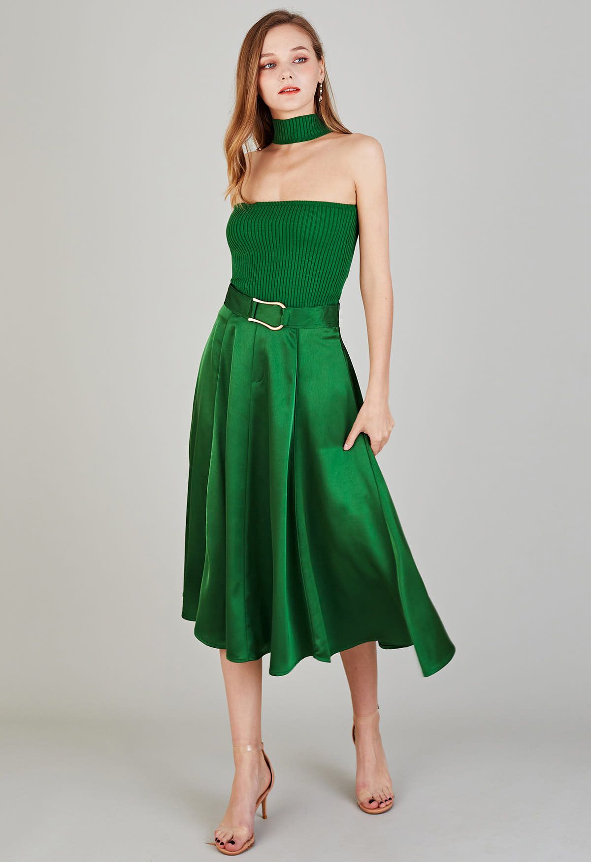 Belt Decorated Flare Satin Midi Skirt in Green