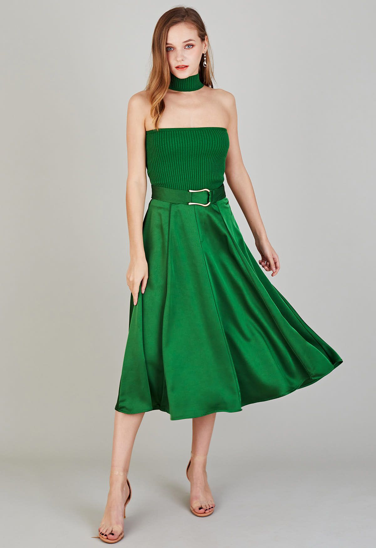 Belt Decorated Flare Satin Midi Skirt in Green