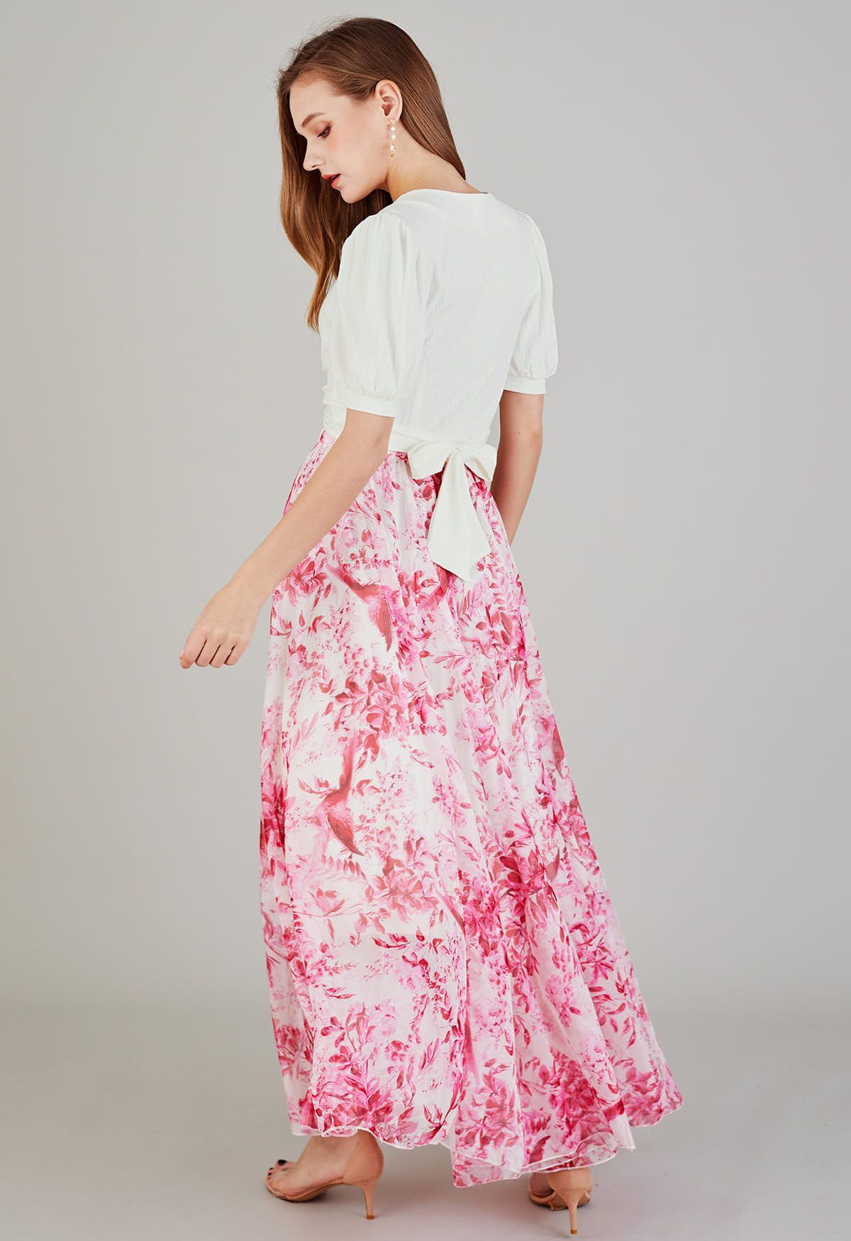 Summer Forest Printed Chiffon Maxi Skirt in Pink