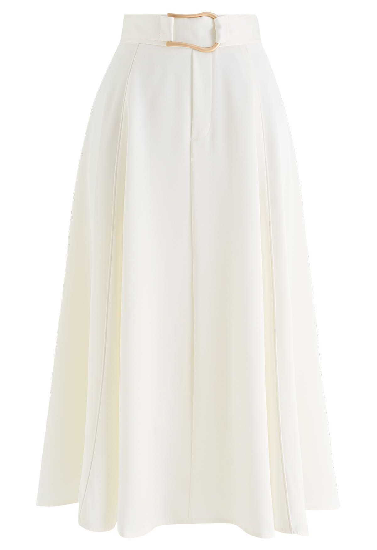 Belt Decorated Flare Satin Midi Skirt in Ivory