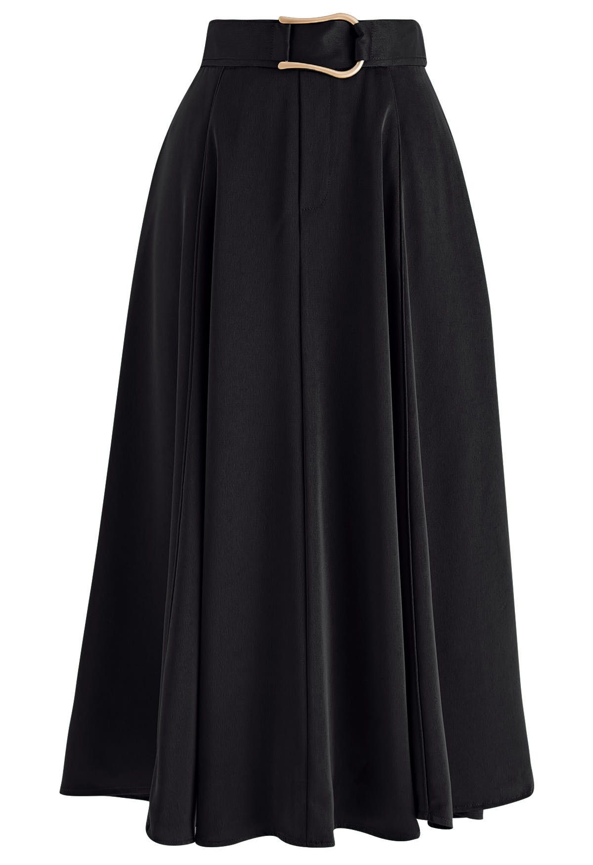 Belt Decorated Flare Satin Midi Skirt in Black - Retro, Indie and ...