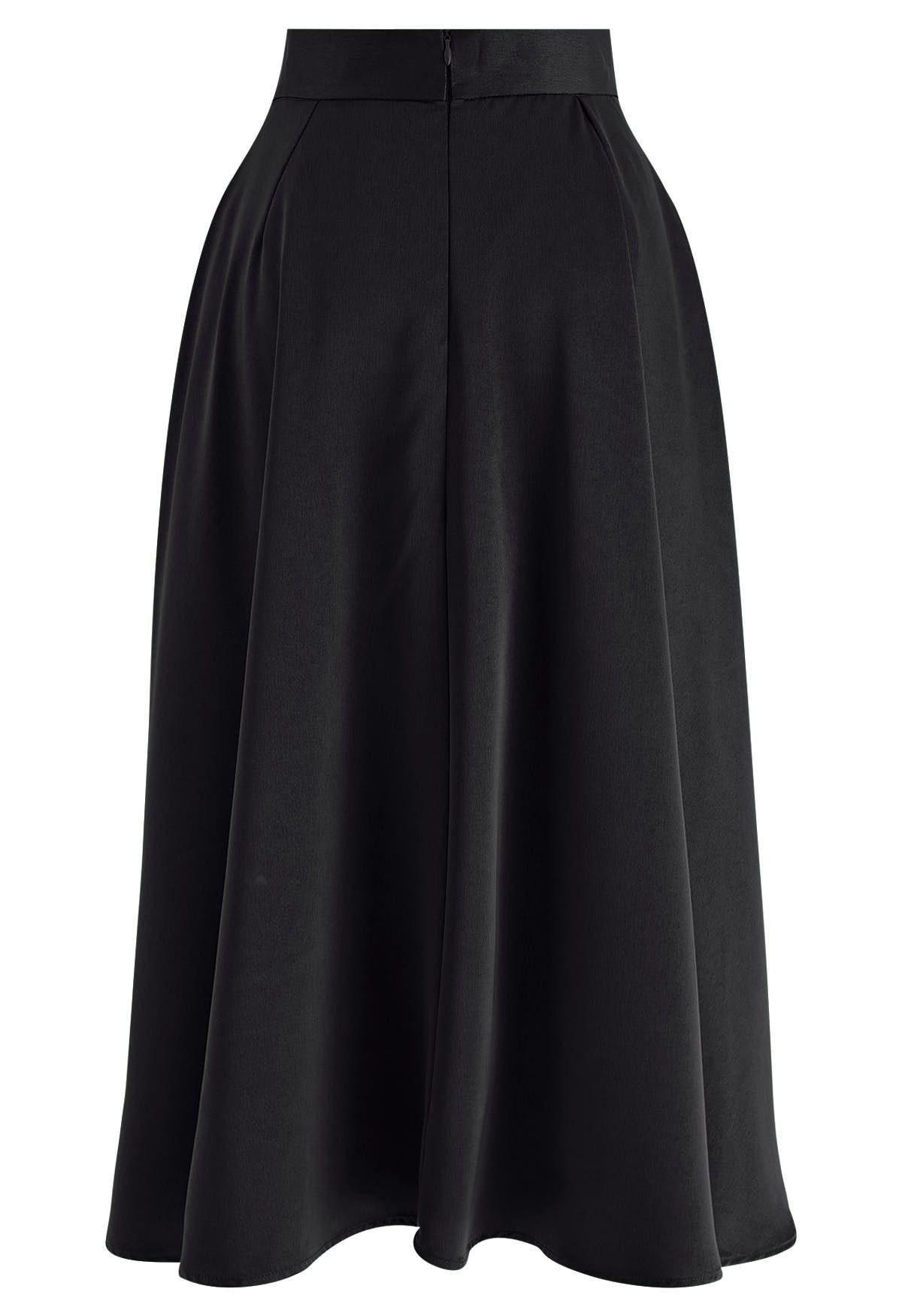 Belt Decorated Flare Satin Midi Skirt in Black - Retro, Indie and ...