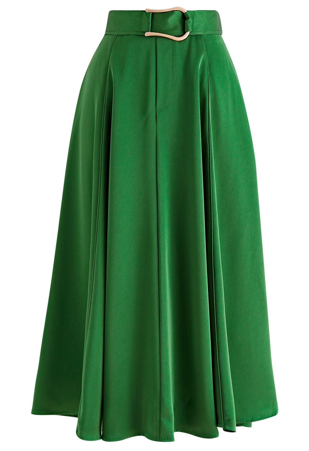 Belt Decorated Flare Satin Midi Skirt in Green