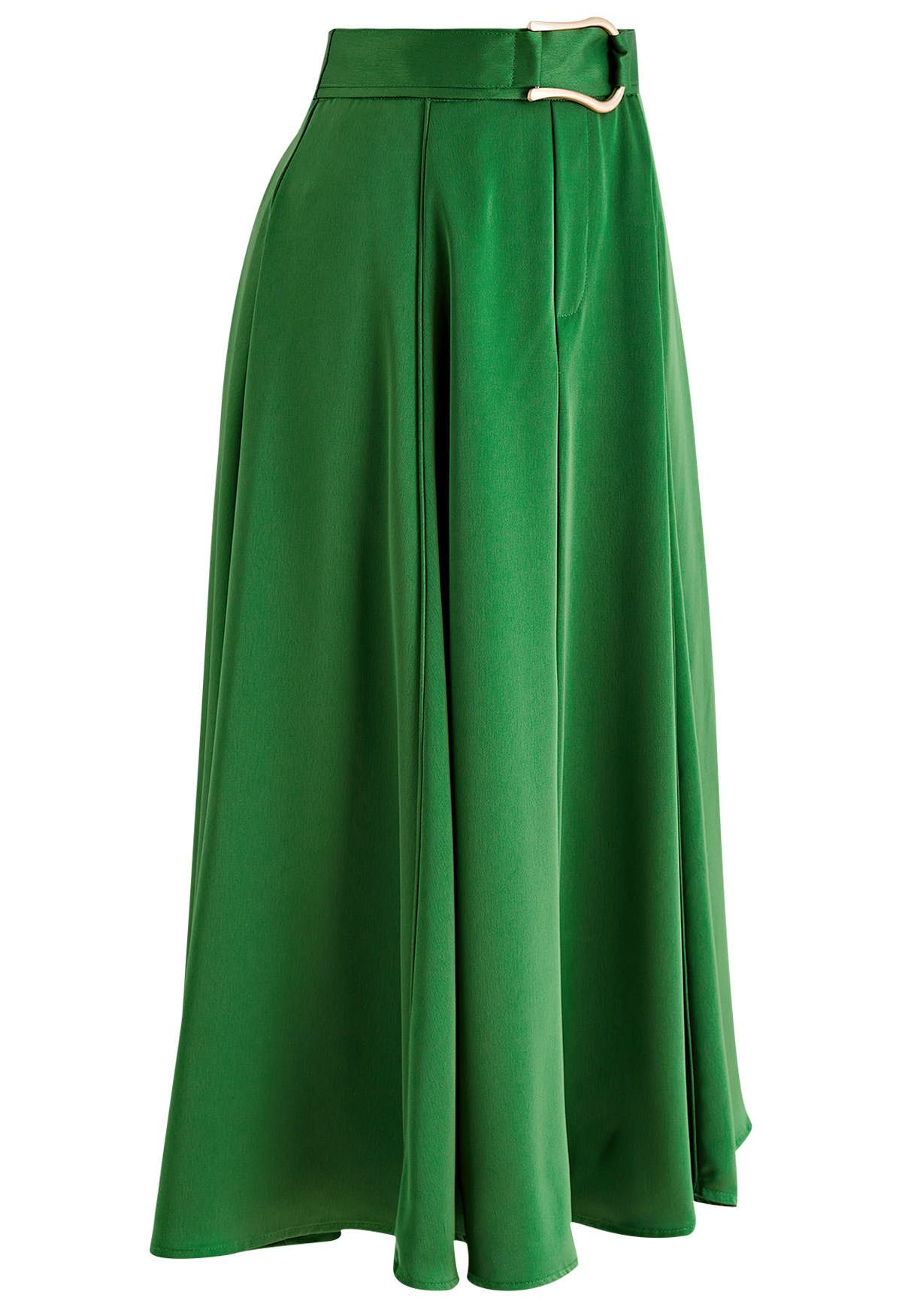 Belt Decorated Flare Satin Midi Skirt in Green