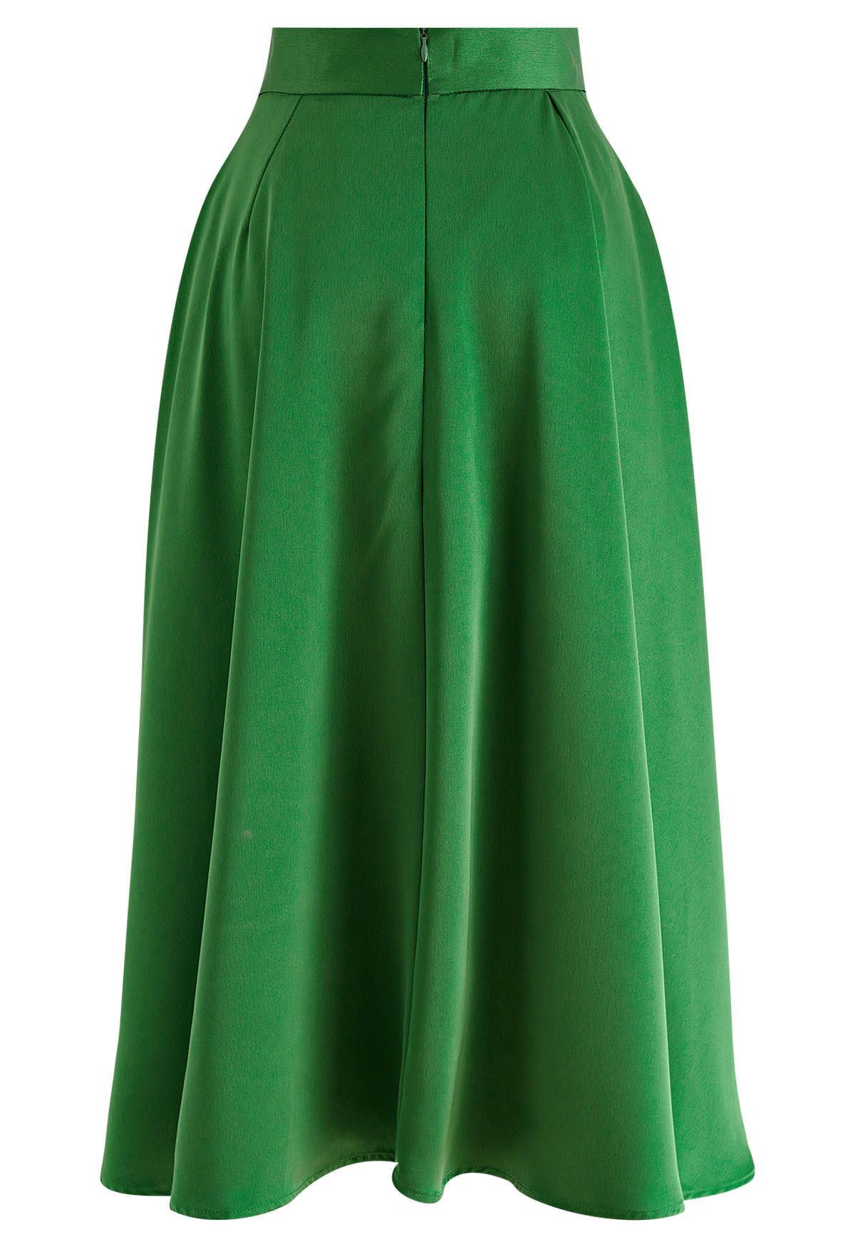 Belt Decorated Flare Satin Midi Skirt in Green