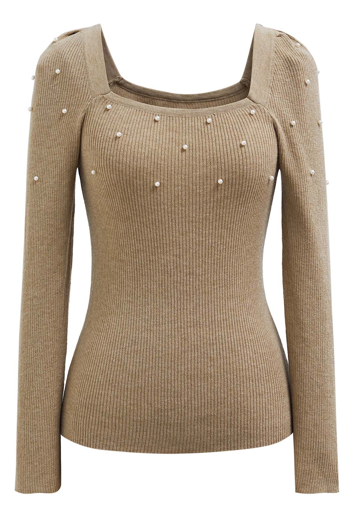 Square Neck Pearly Fitted Knit Top in Camel