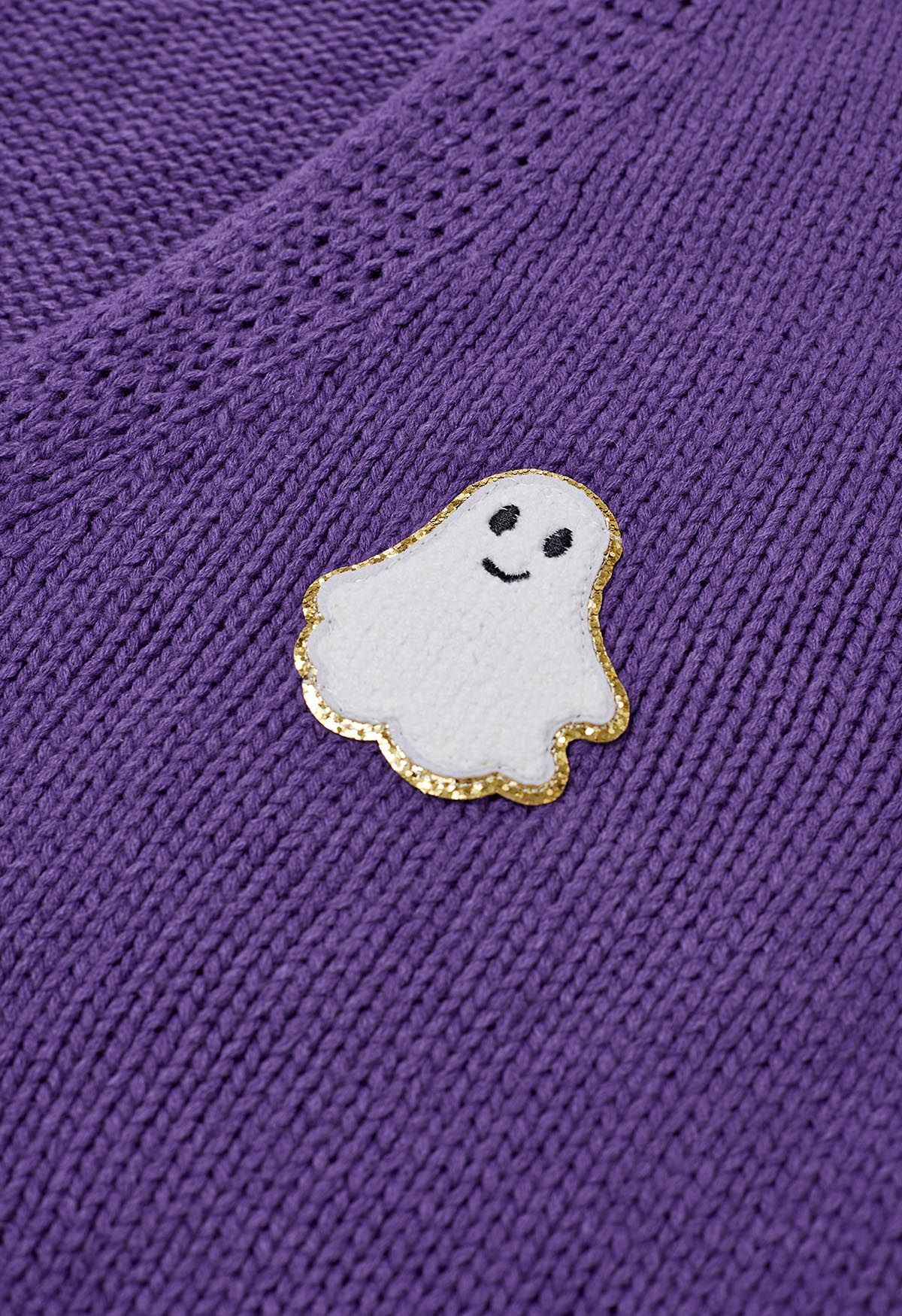 Halloween Ghost Patch Buttoned Knit Cardigan in Purple