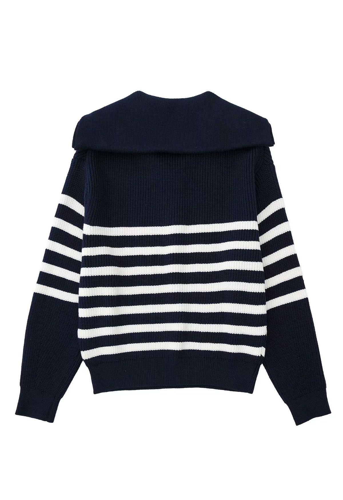 Flap Collar Zipper Neck Striped Knit Sweater in Navy