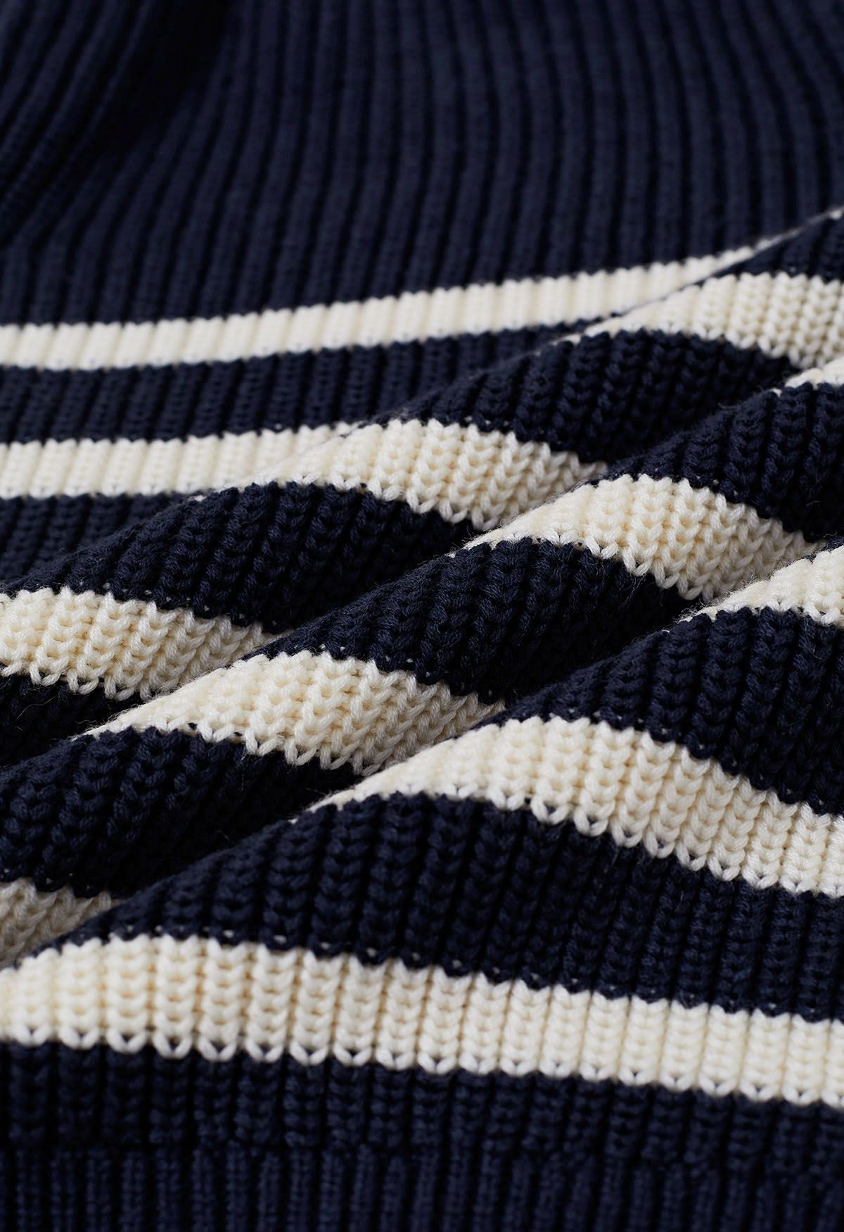 Flap Collar Zipper Neck Striped Knit Sweater in Navy