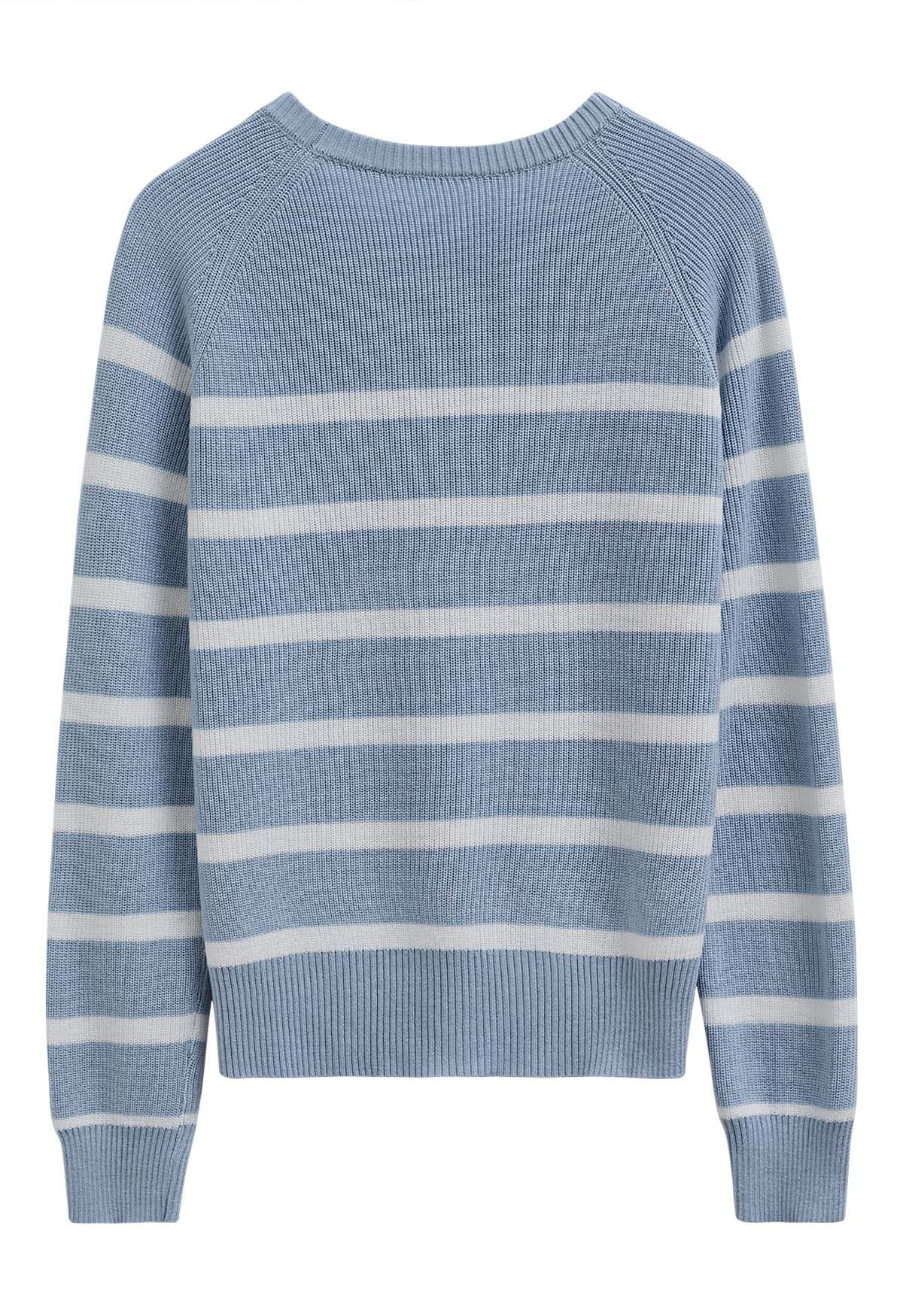 Versatile Round Neck Striped Knit Sweater in Blue