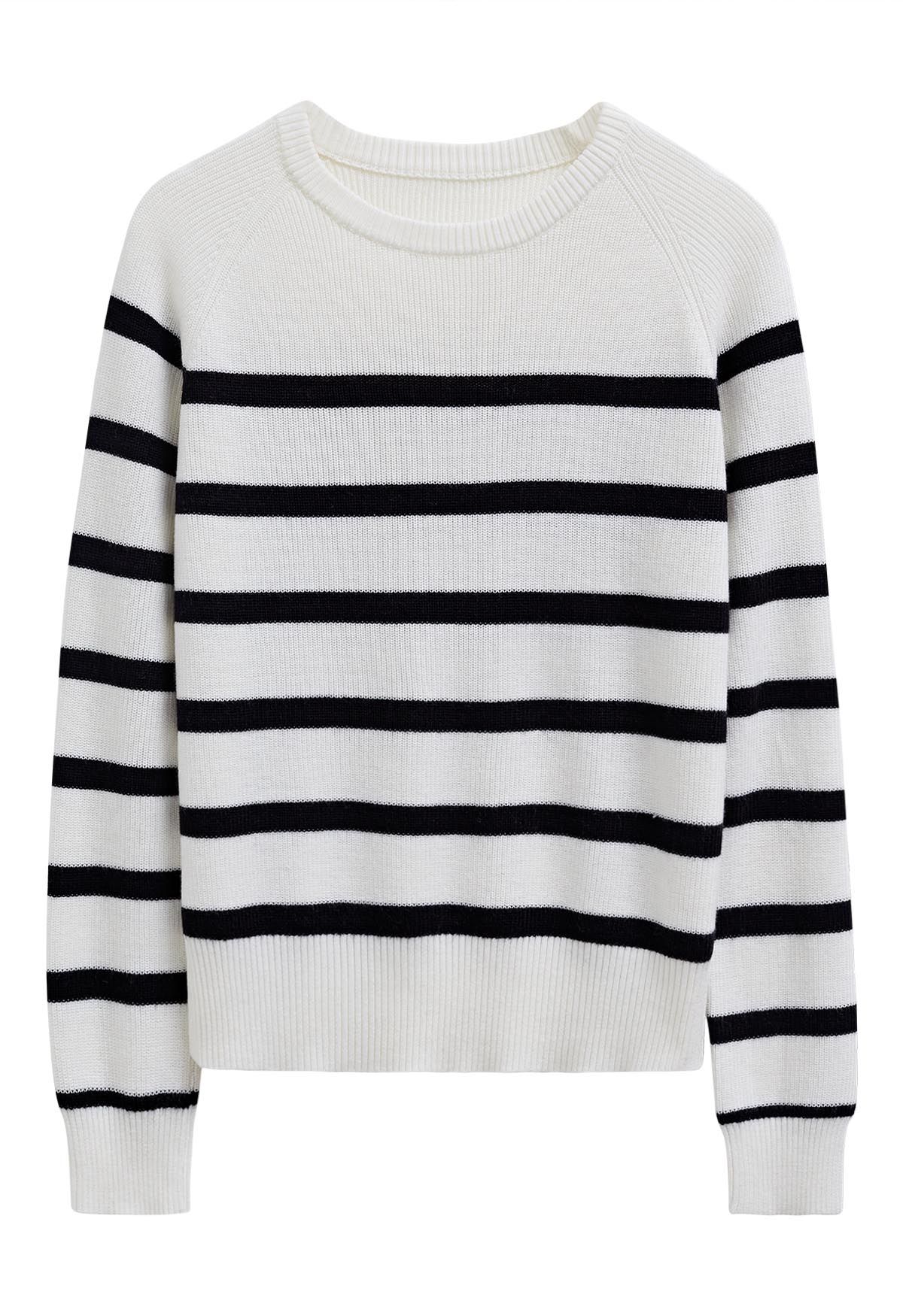 Versatile Round Neck Striped Knit Sweater in White