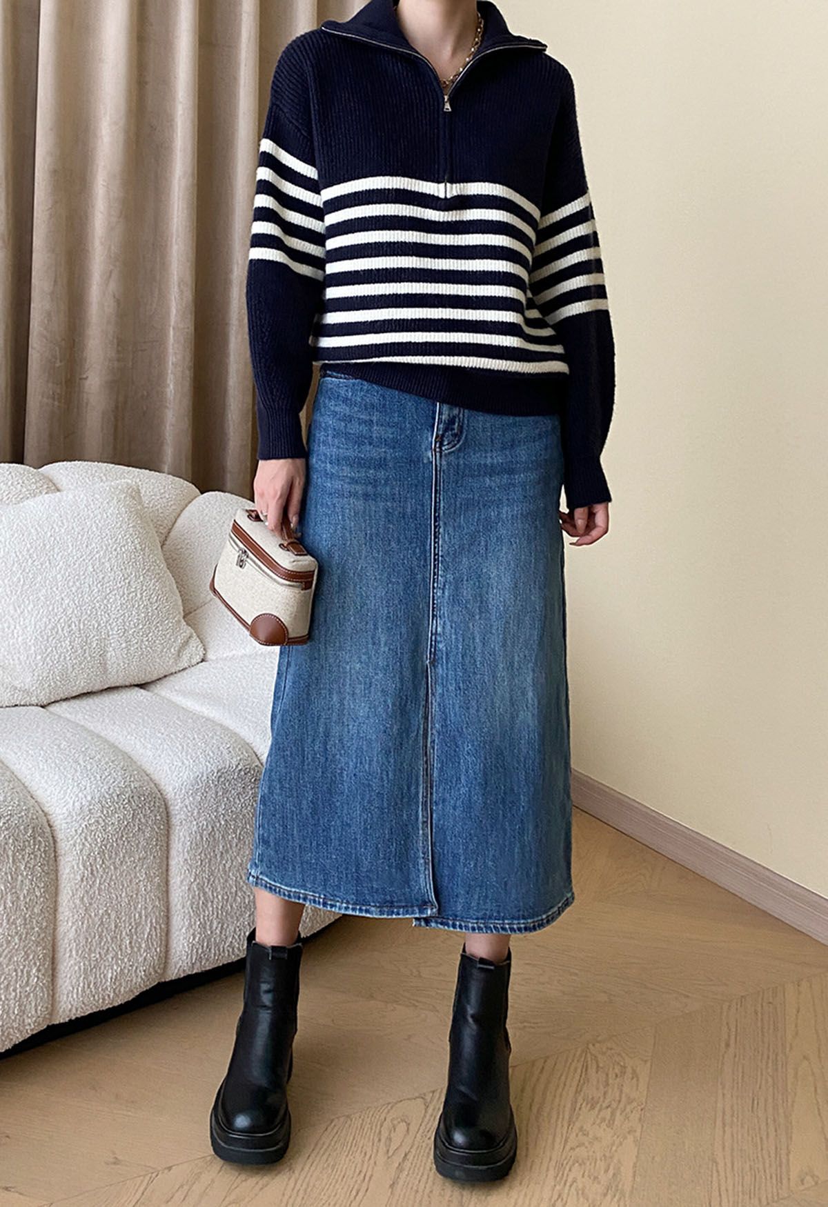 Flap Collar Zipper Neck Striped Knit Sweater in Navy