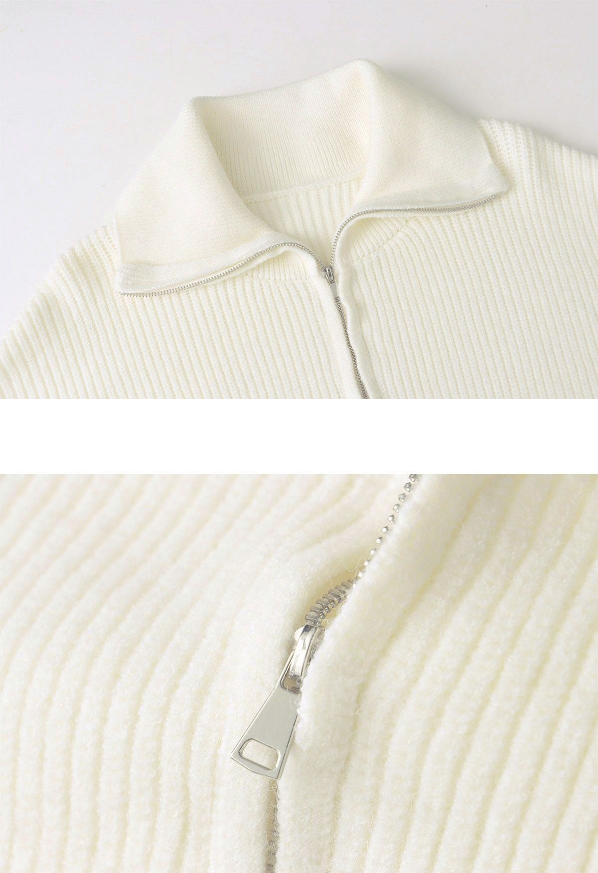 Flap Collar Zipper Neck Striped Knit Sweater in Ivory