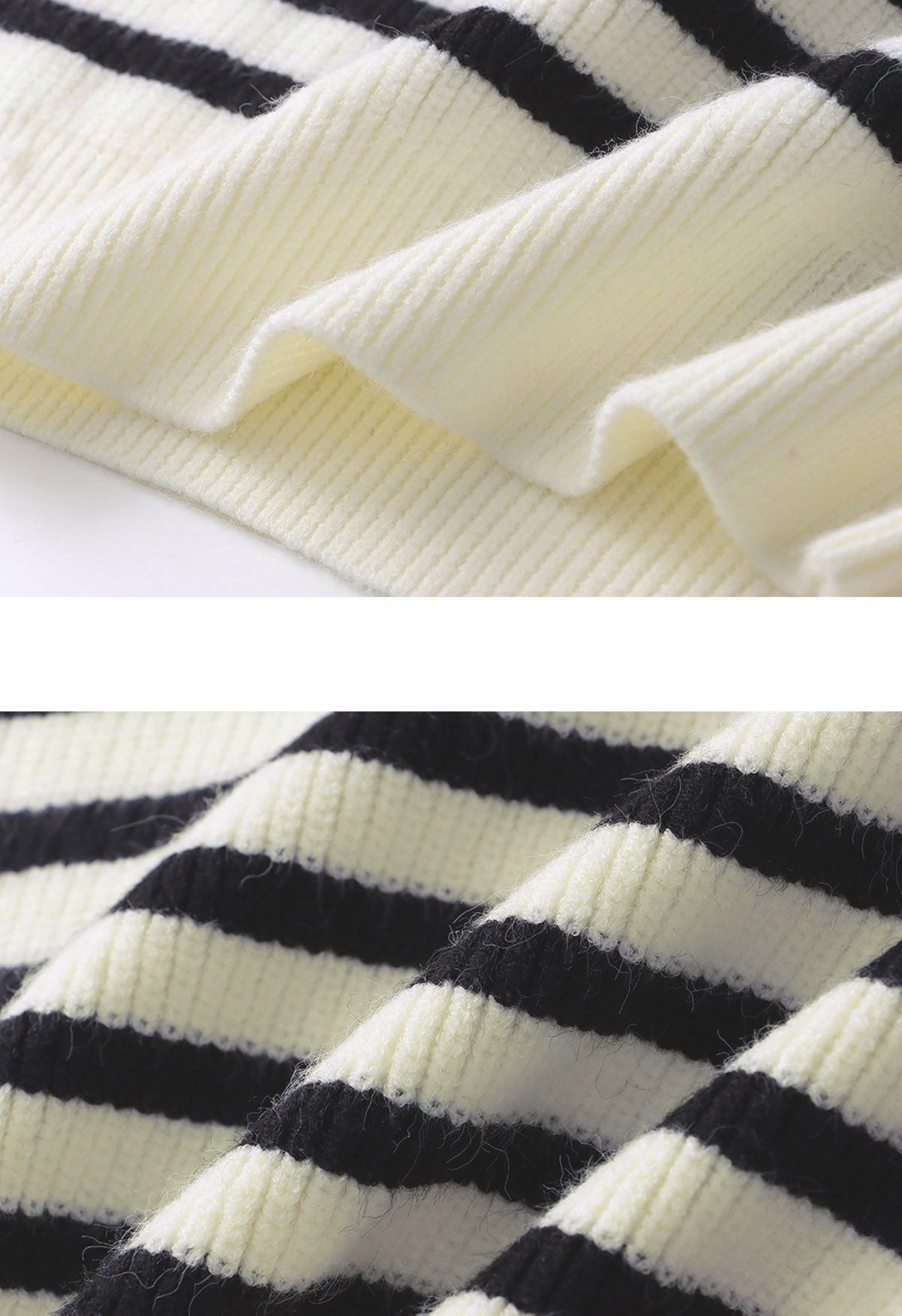 Flap Collar Zipper Neck Striped Knit Sweater in Ivory