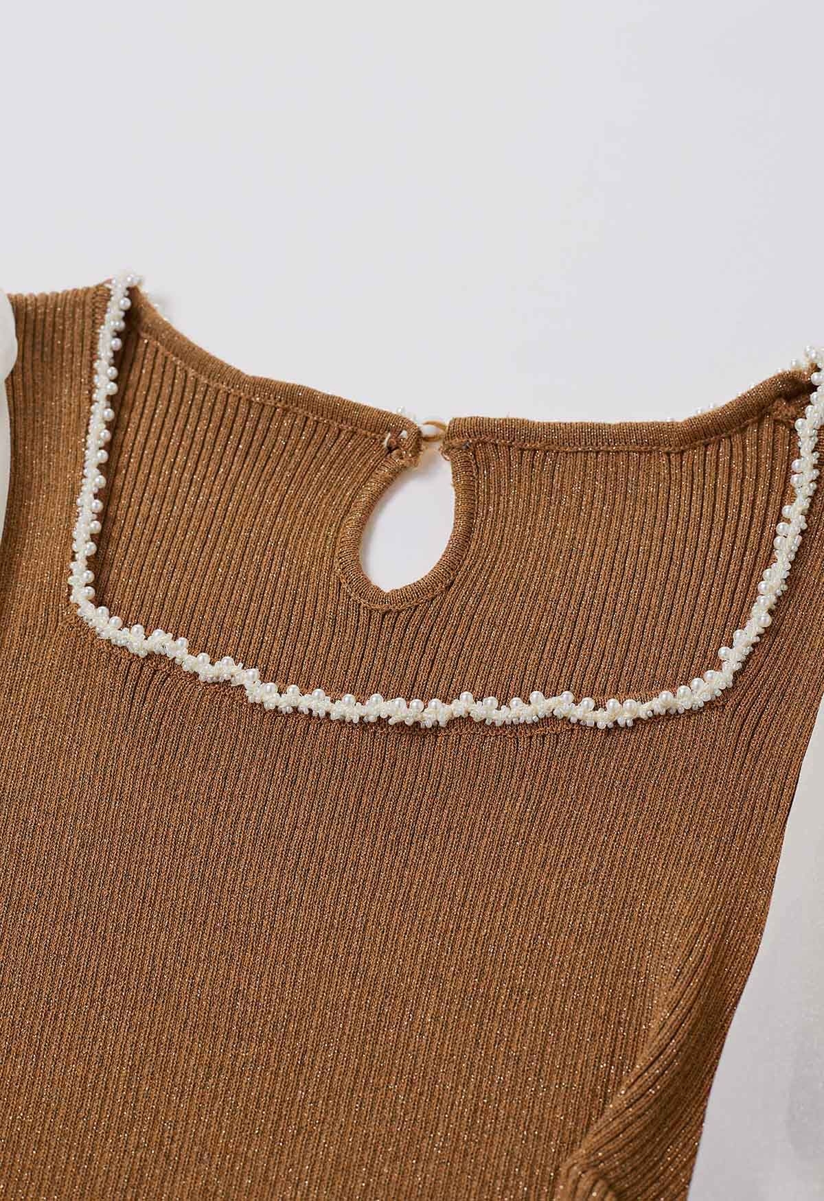 Beaded Square Neck Spliced Puff Sleeve Knit Top in Caramel