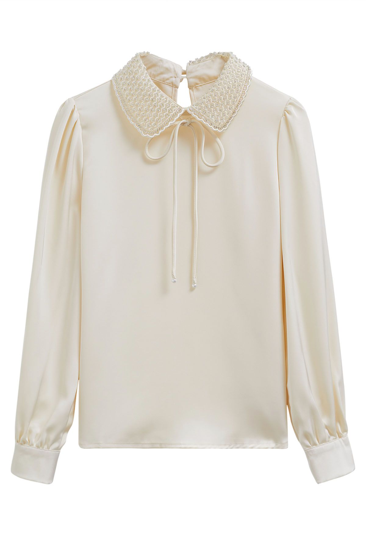 Beads Peter Pan Collar Satin Shirt in Cream