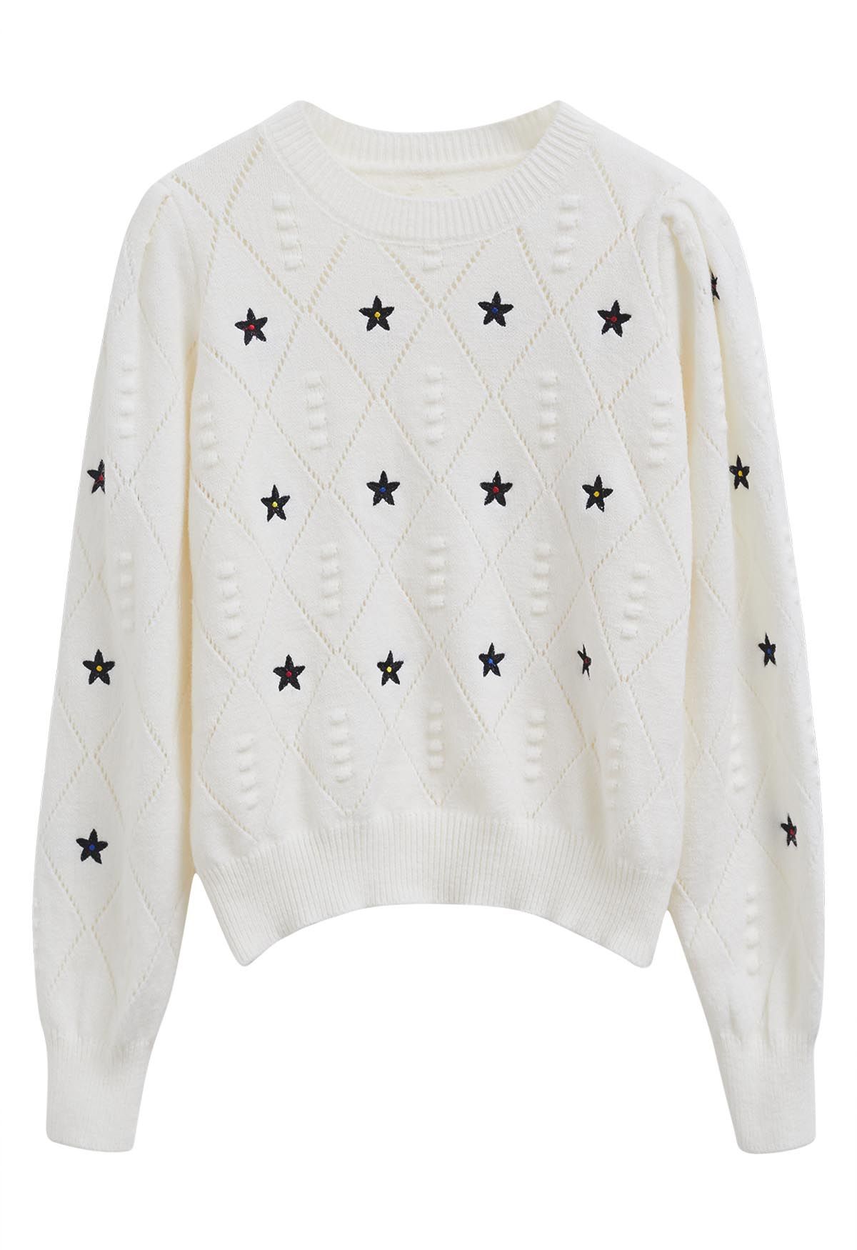 Star Embroidery Pointelle Knit Top in White