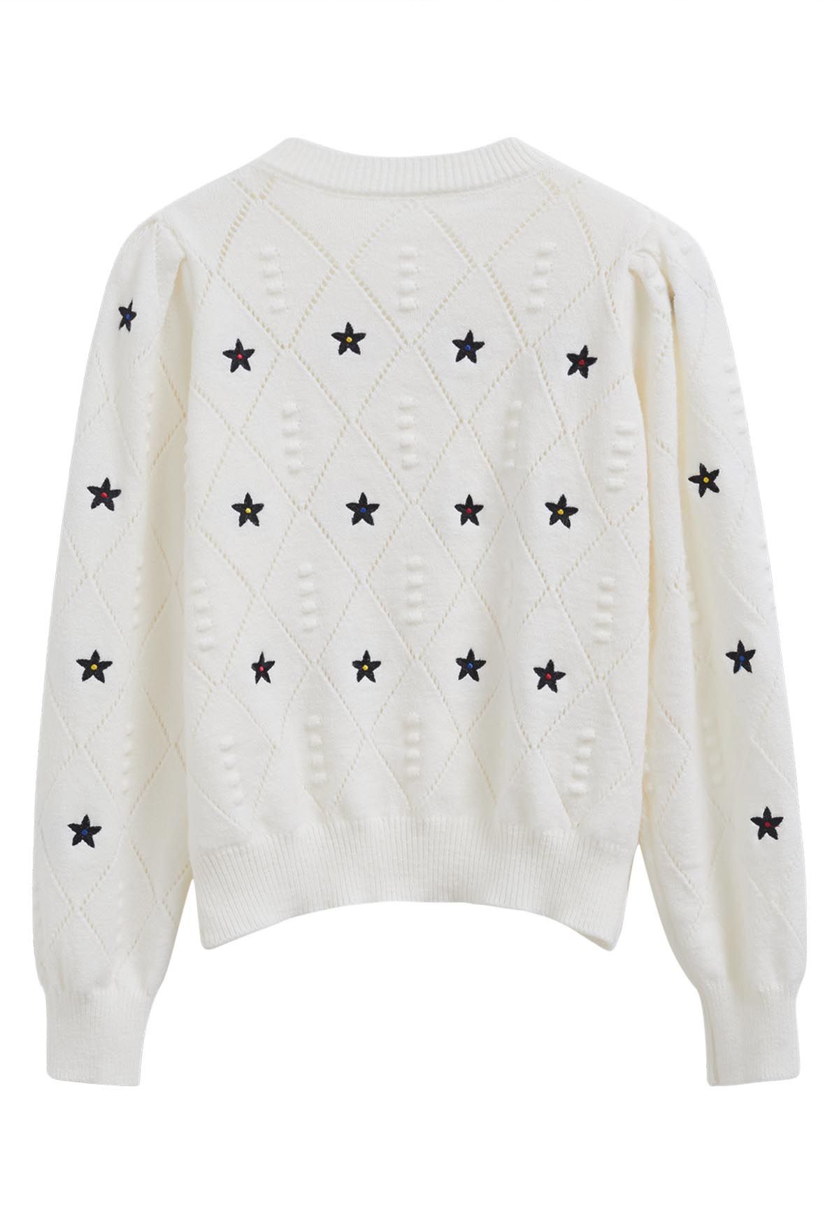 Star Embroidery Pointelle Knit Top in White