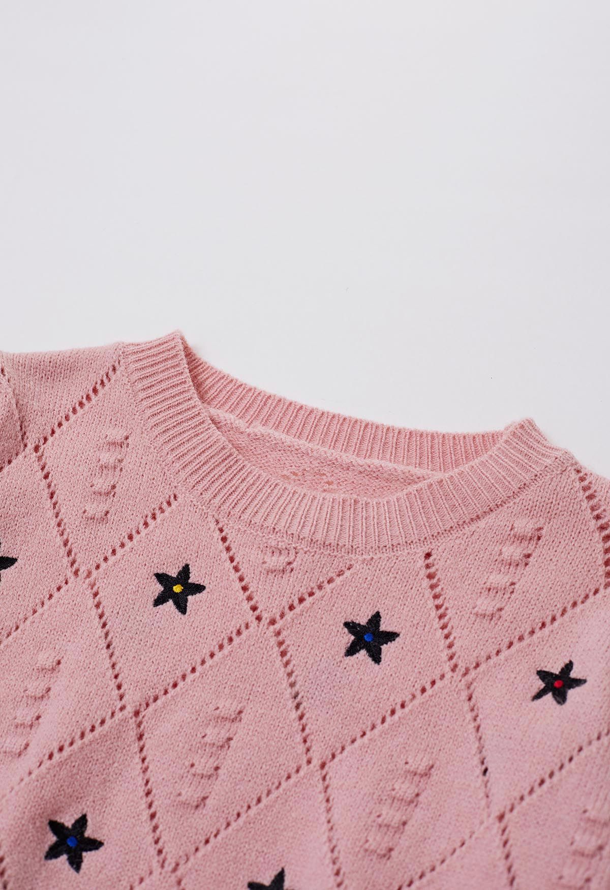 Star Embroidery Pointelle Knit Top in Pink