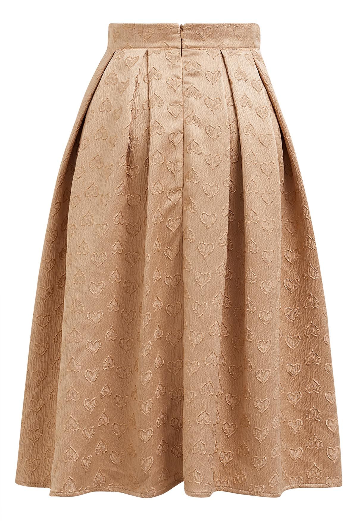 Oppositely Hearts Jacquard Pleated Midi Skirt in Apricot