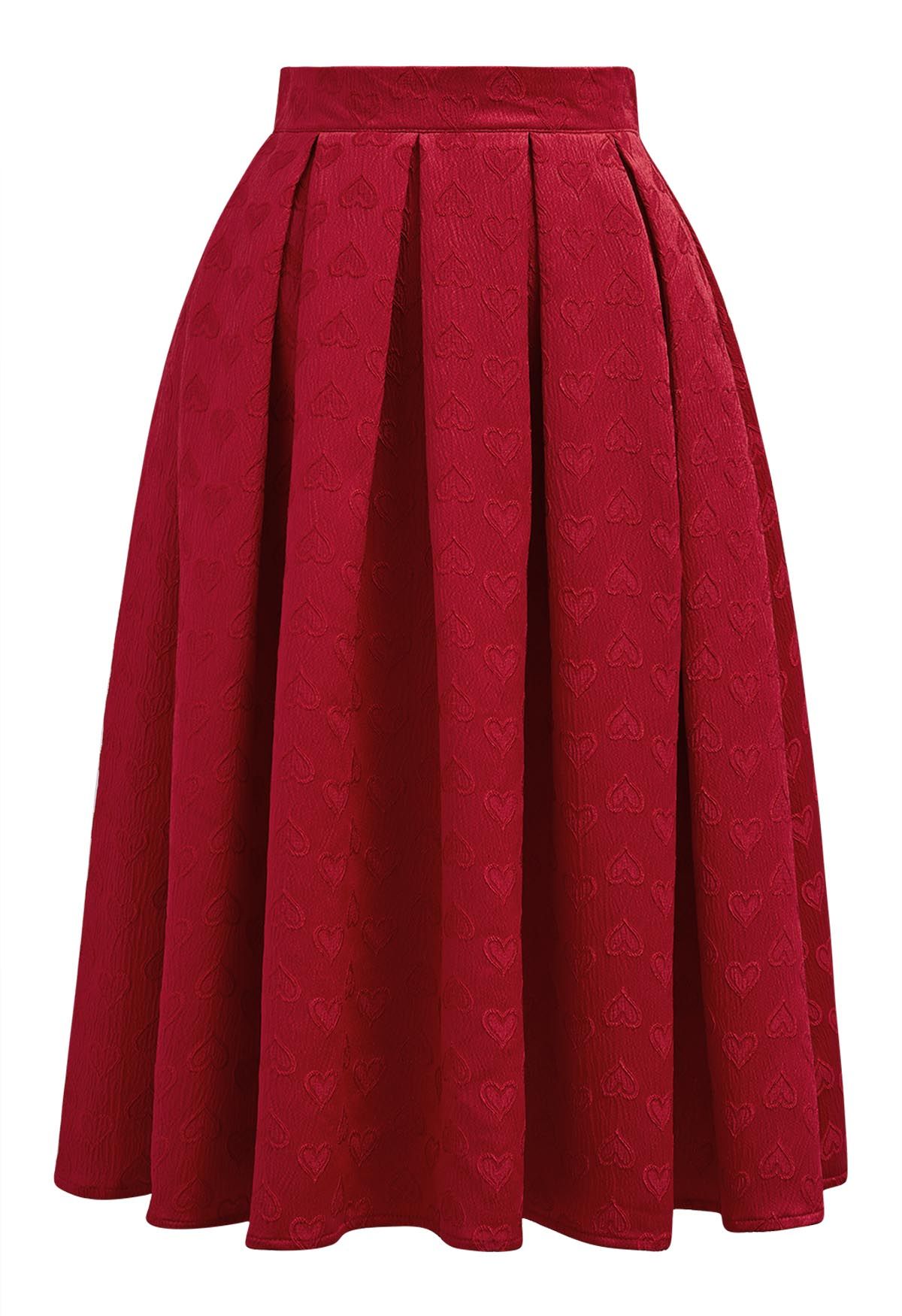 Oppositely Hearts Jacquard Pleated Midi Skirt in Red