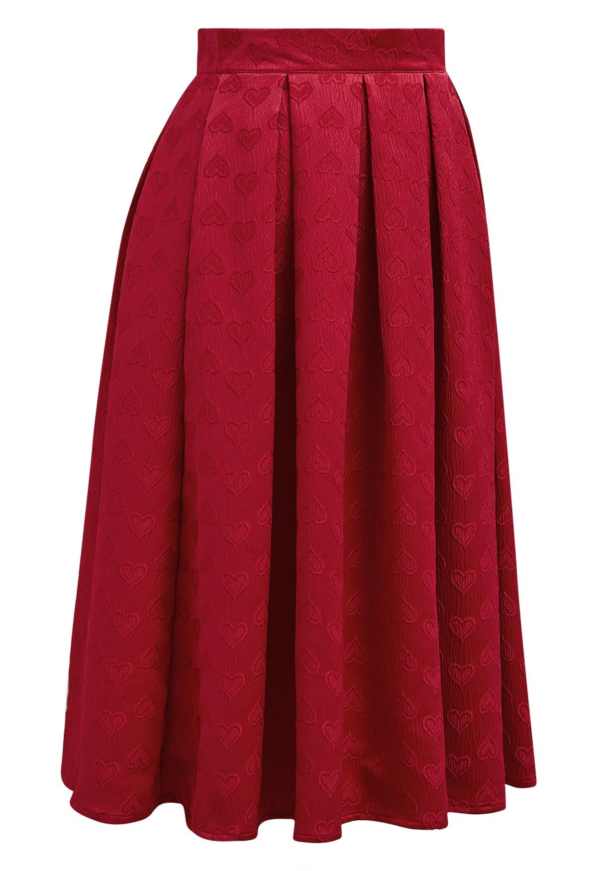 Oppositely Hearts Jacquard Pleated Midi Skirt in Red