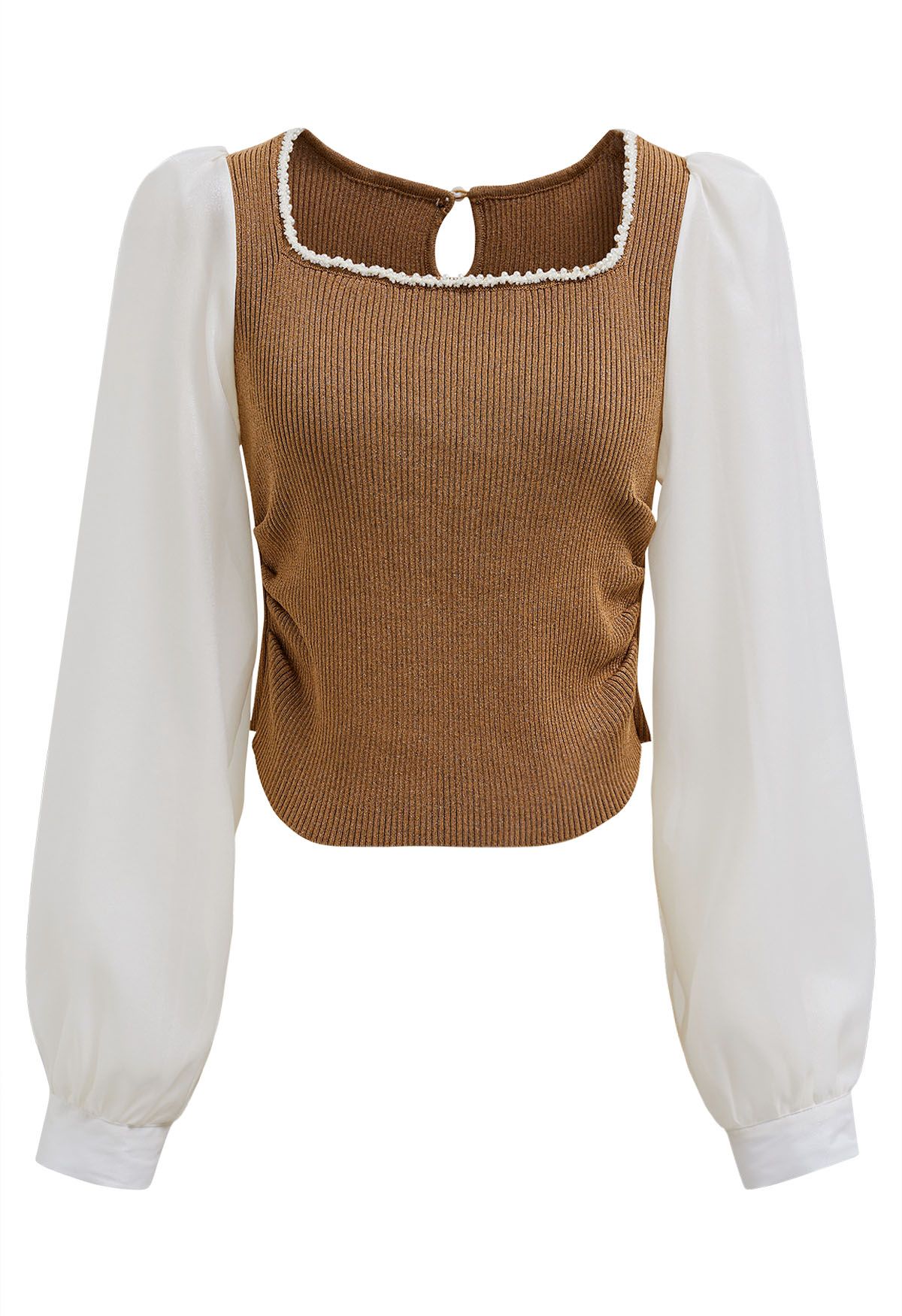 Beaded Square Neck Spliced Puff Sleeve Knit Top in Caramel