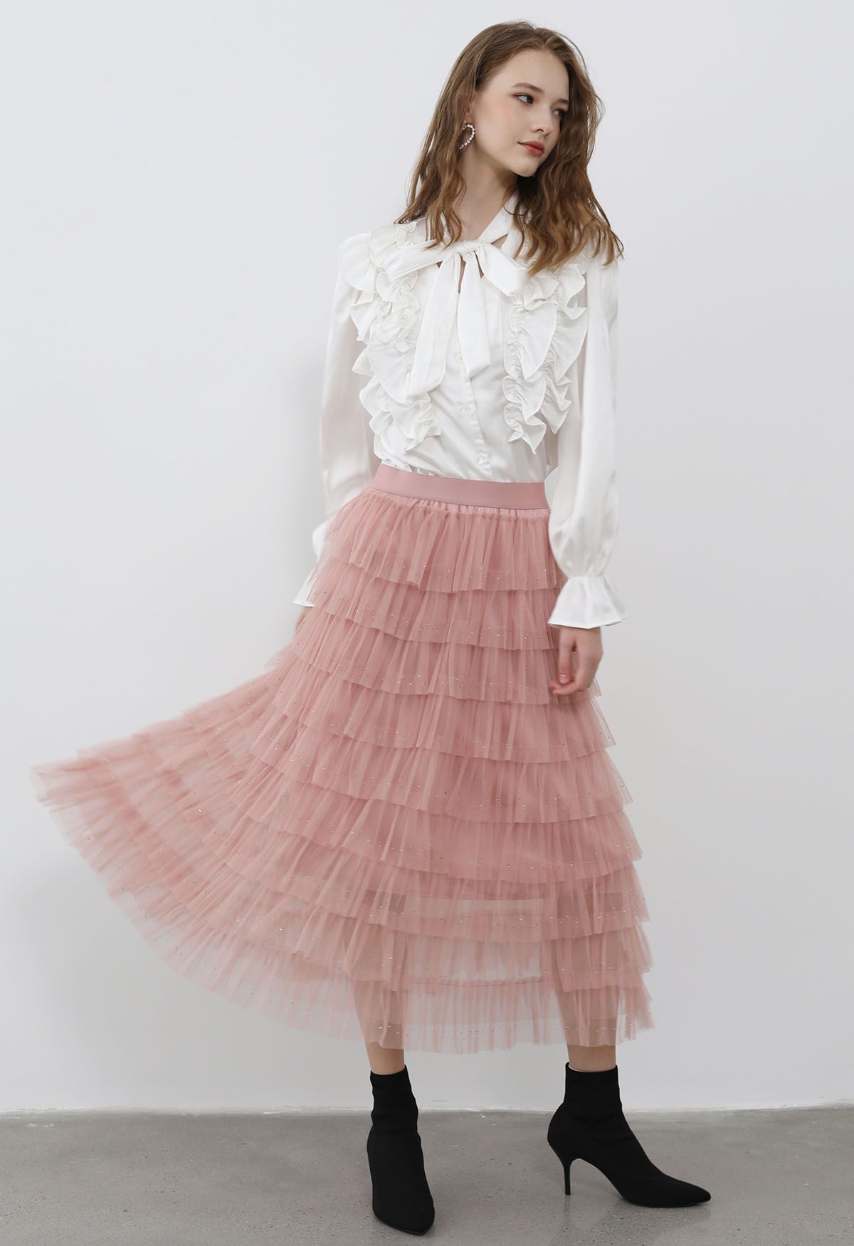 Glitter Swan Cloud Midi Skirt in Pink