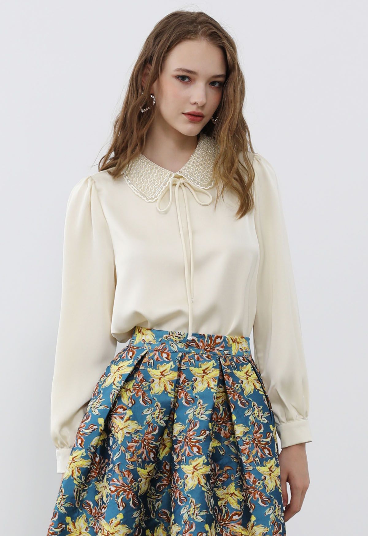 Beads Peter Pan Collar Satin Shirt in Cream