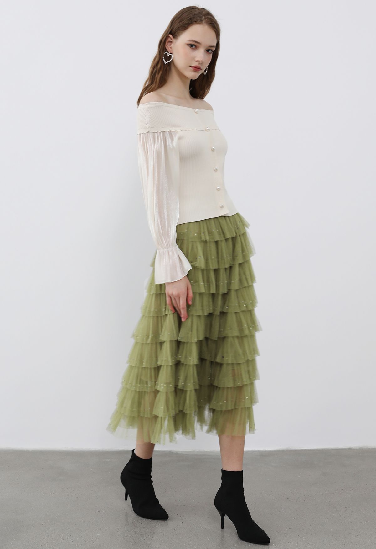 Glitter Swan Cloud Midi Skirt in Lime