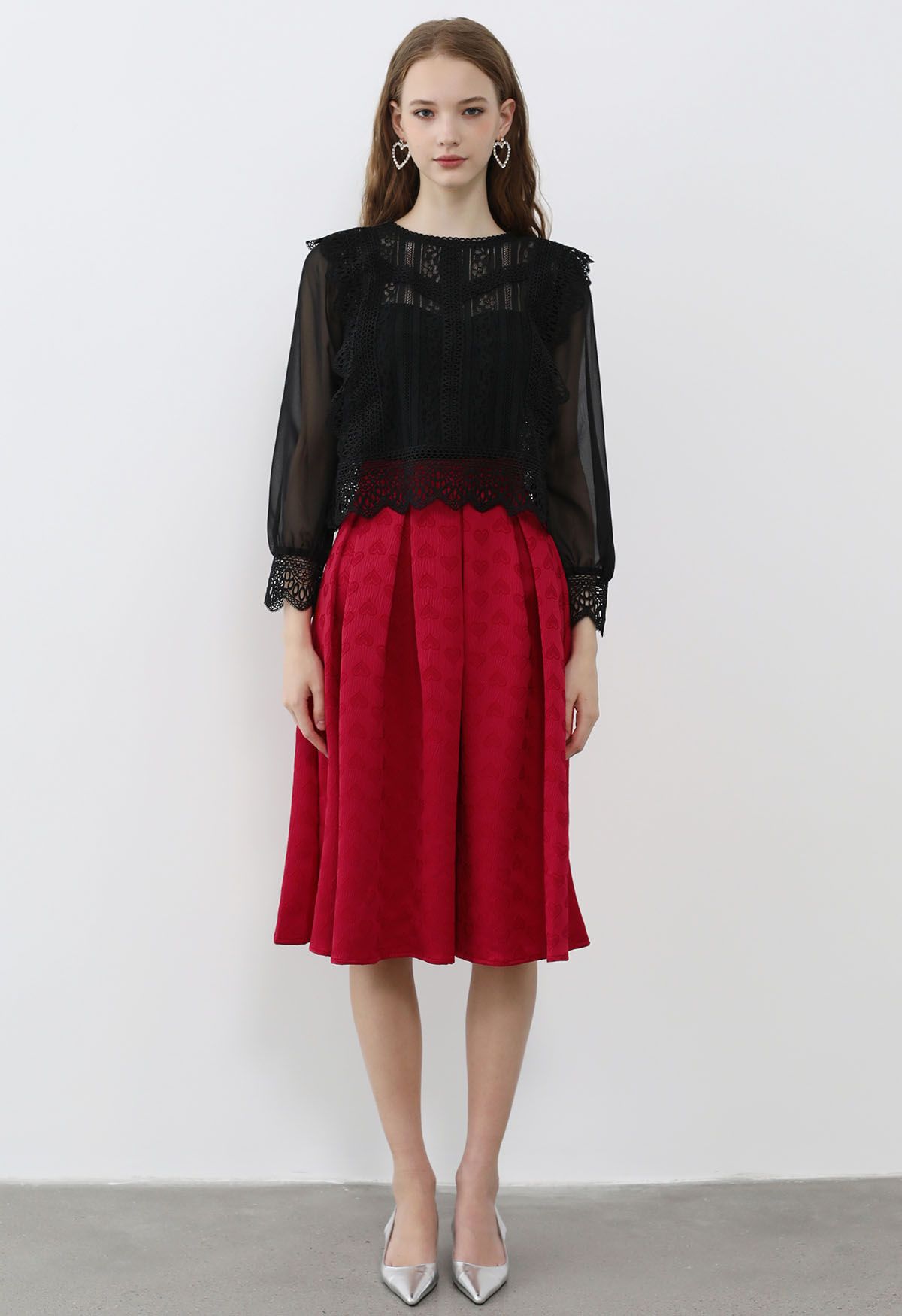 Oppositely Hearts Jacquard Pleated Midi Skirt in Red