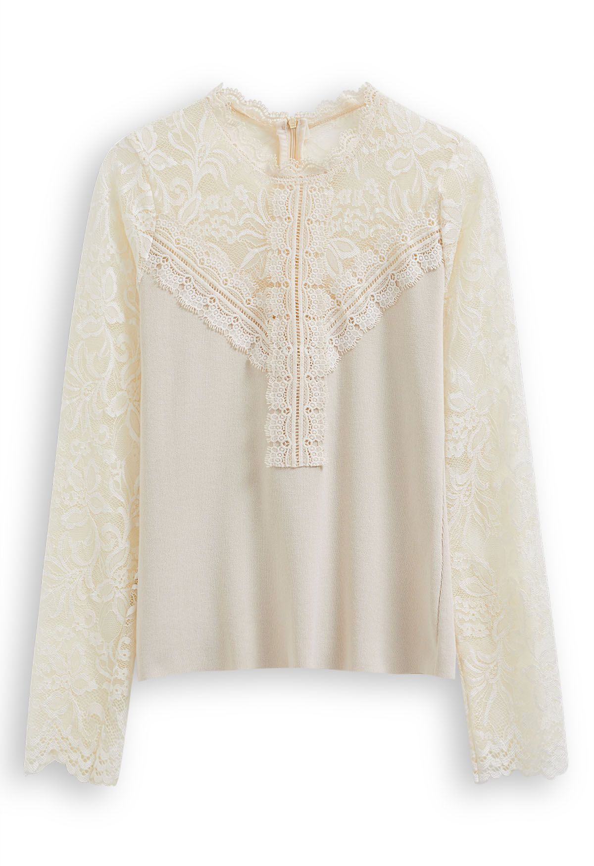 Ethereal Floral Lace Spliced Knit Top in Cream