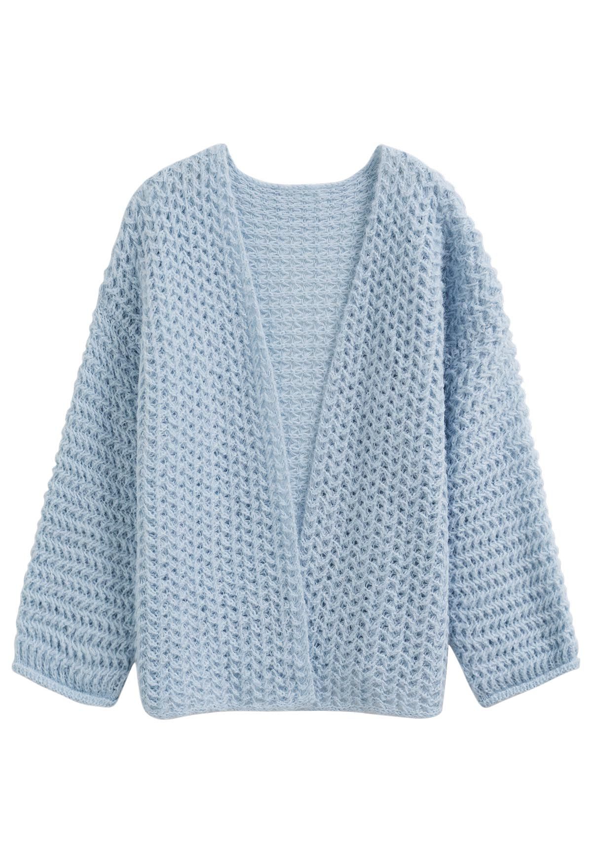 Open Front Hollow Out Knit Cardigan in Blue