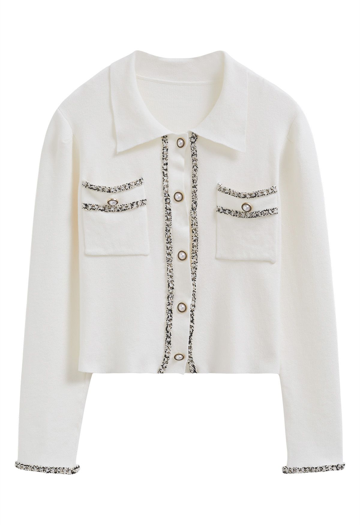Contrast Trim Button Down Knit Cardigan in White