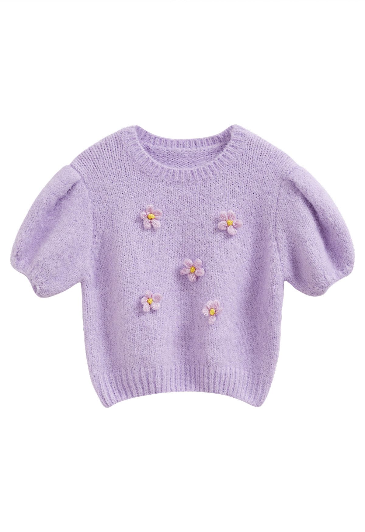 Crochet Flower Bubble Short-Sleeve Sweater in Lilac