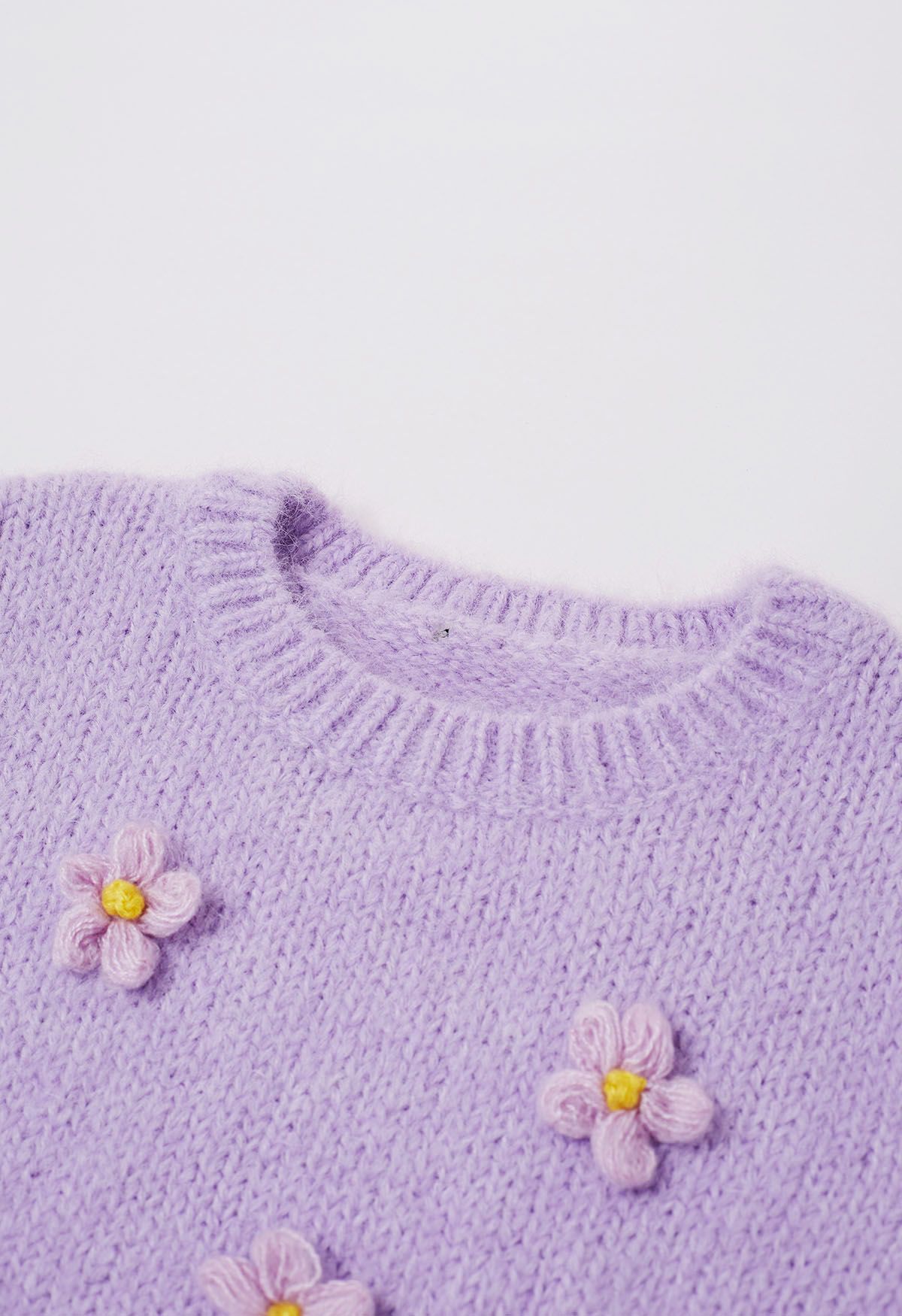 Crochet Flower Bubble Short-Sleeve Sweater in Lilac