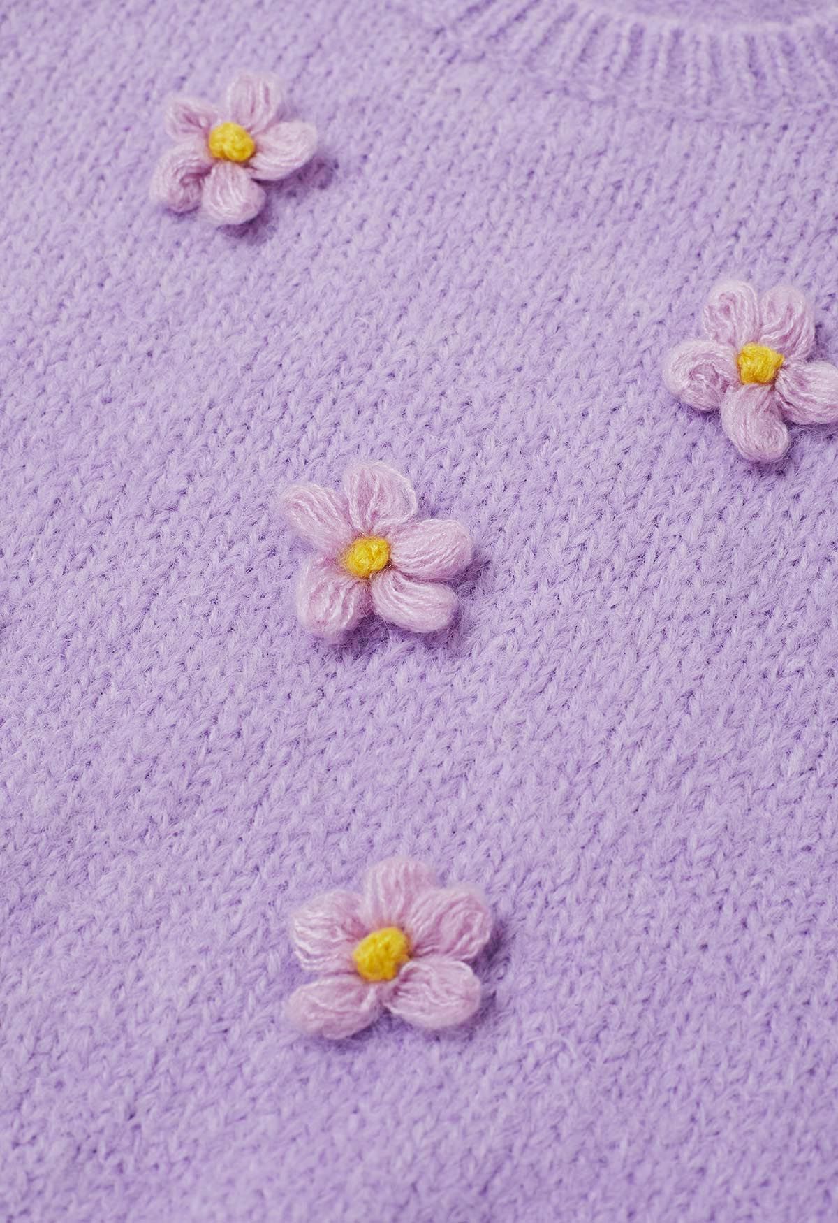 Crochet Flower Bubble Short-Sleeve Sweater in Lilac