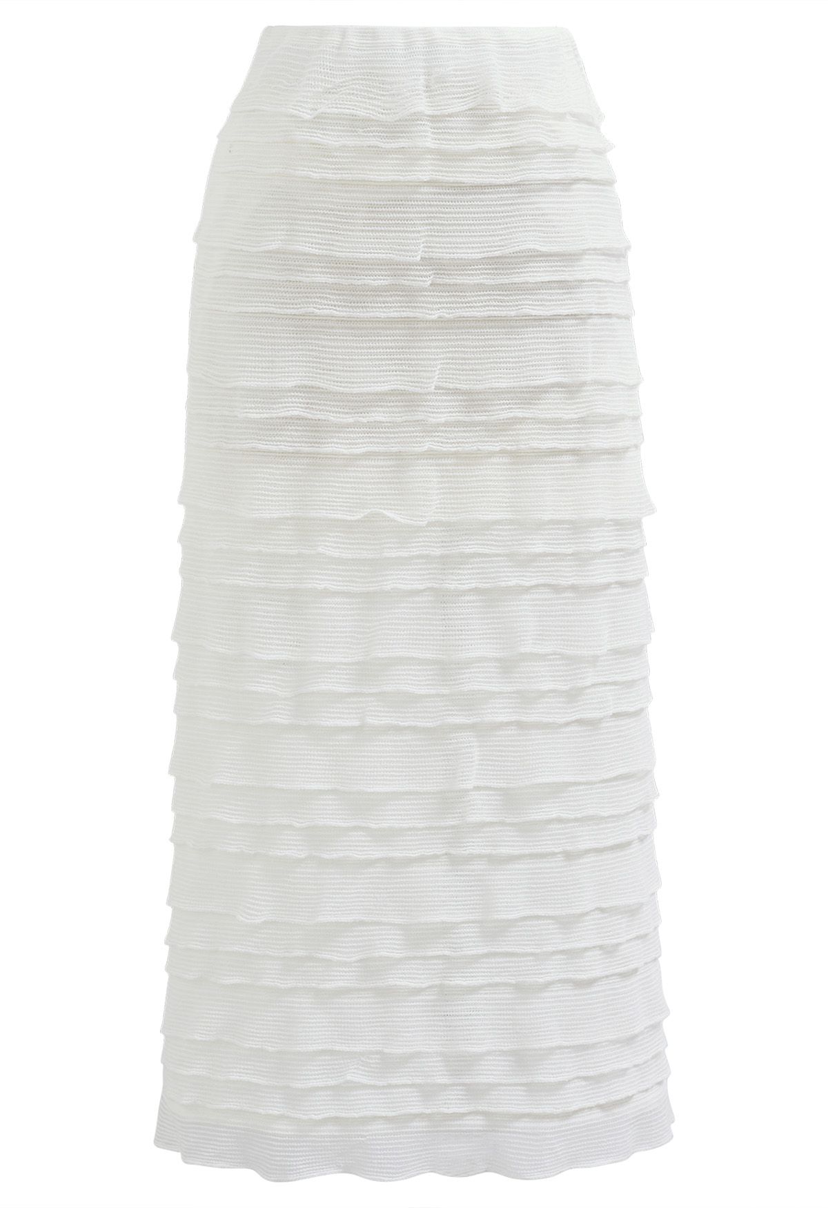 White Ruffle Tiered Knit Pencil Skirt