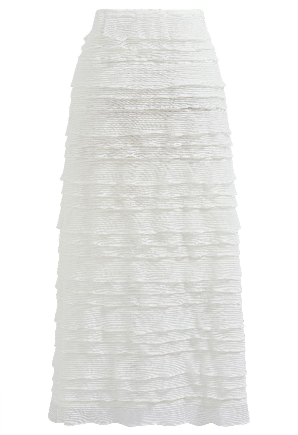White Ruffle Tiered Knit Pencil Skirt