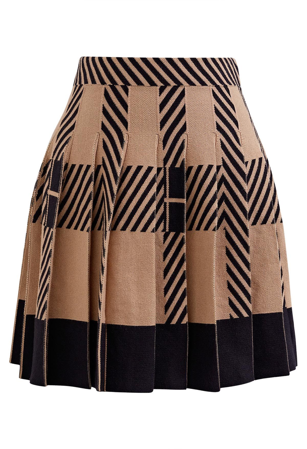 Color Block Striped Pleated Knit Skirt in Tan