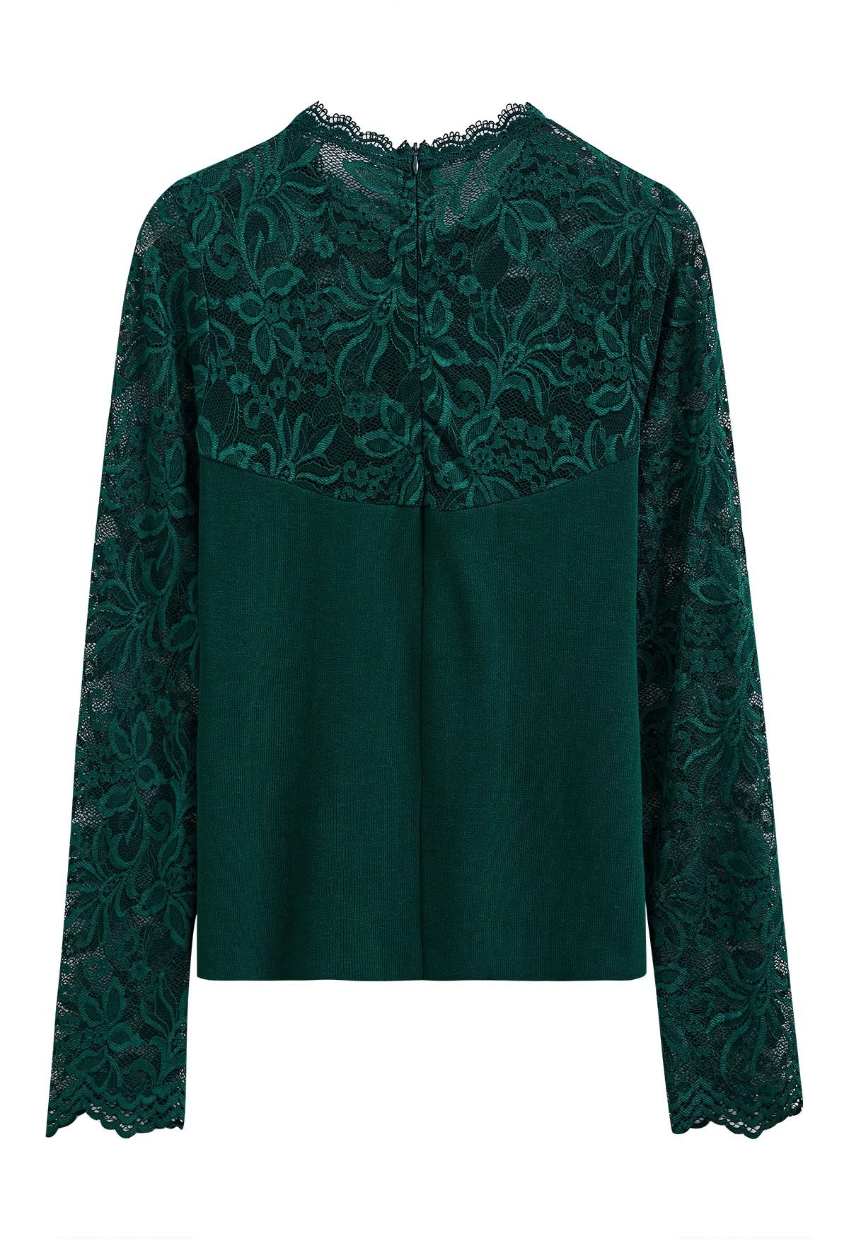 Ethereal Floral Lace Spliced Knit Top in Dark Green