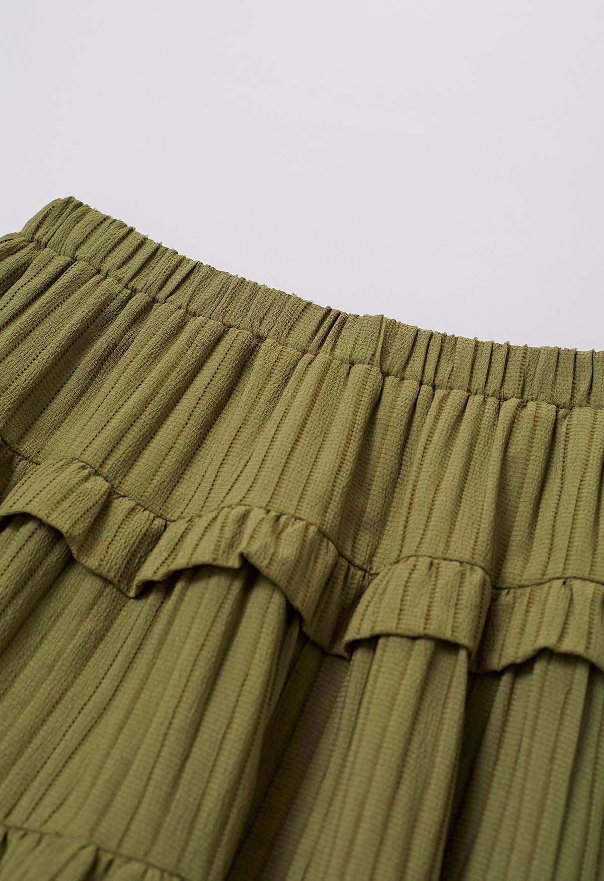 Ruffle Tiered Stripe Texture Maxi Skirt in Olive