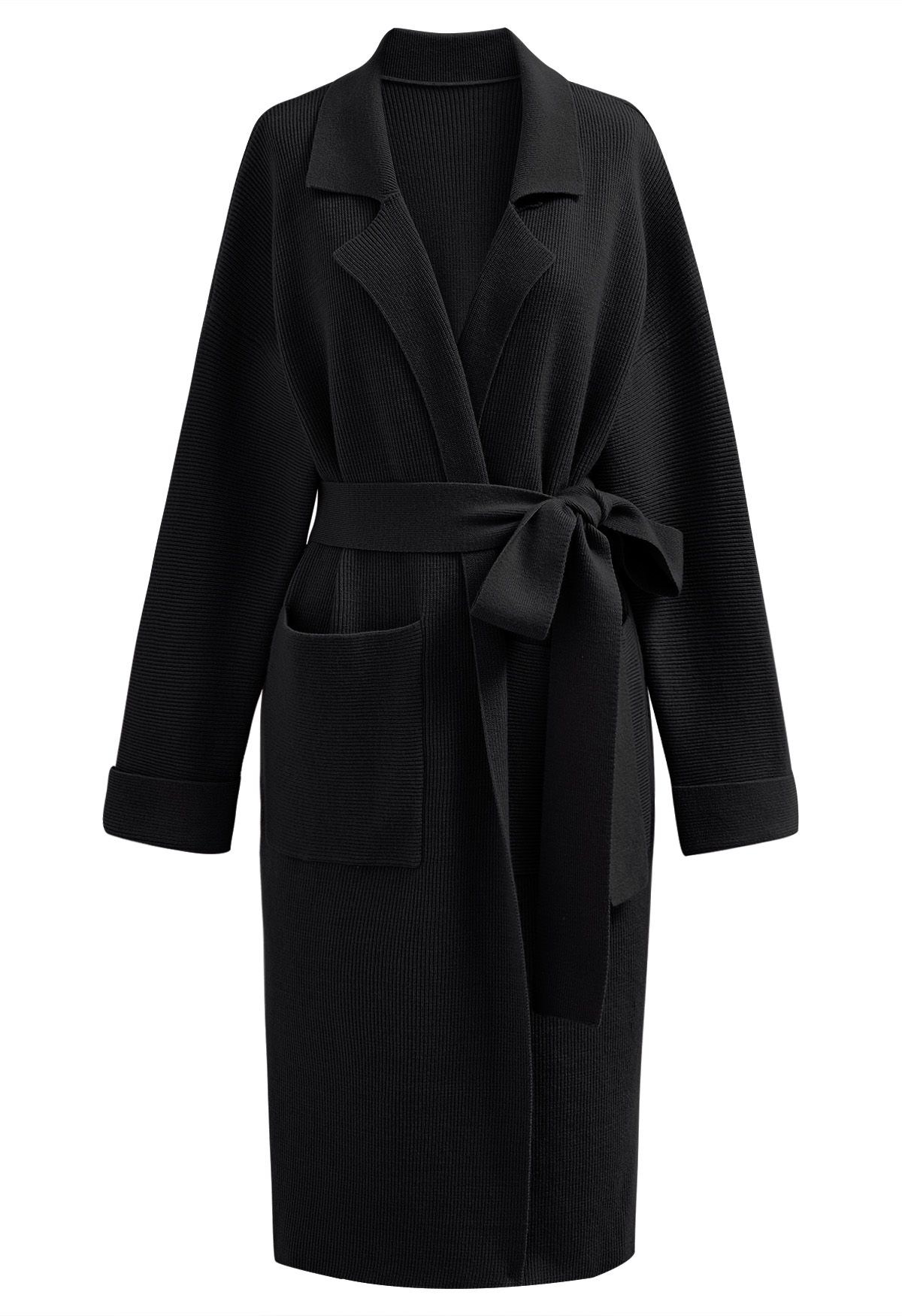 Notch Lapel Belted Longline Knit Cardigan in Black