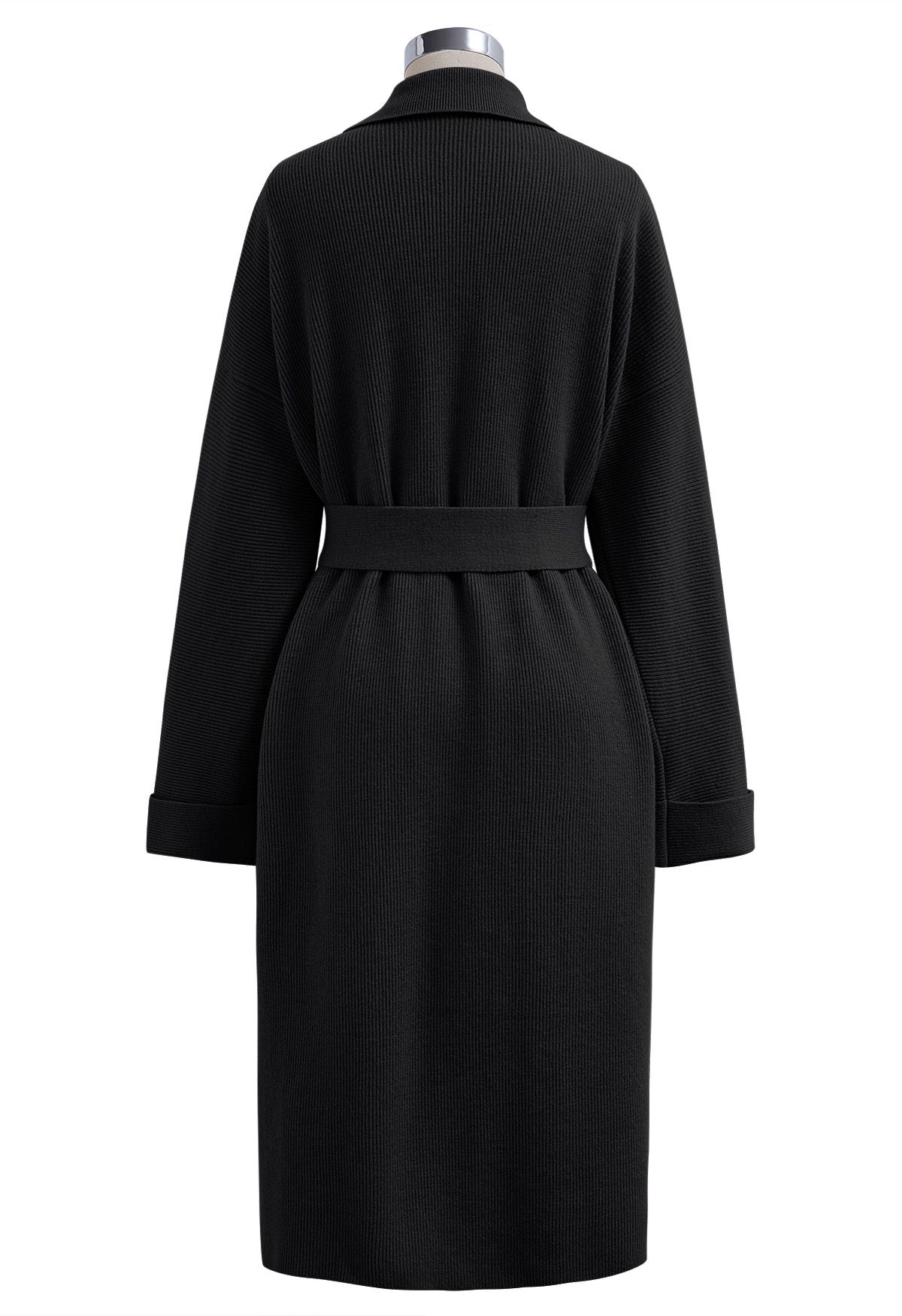 Notch Lapel Belted Longline Knit Cardigan in Black